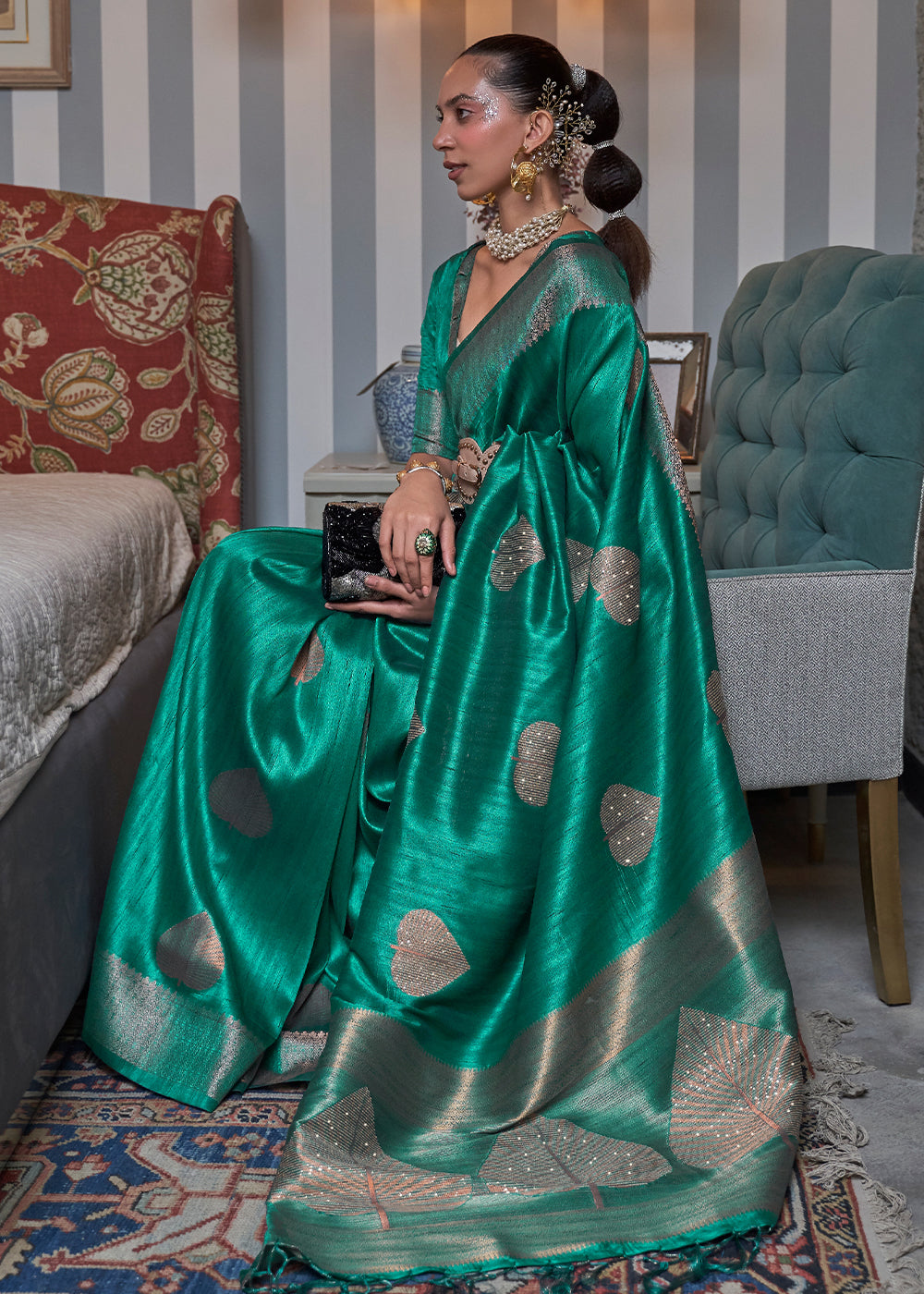 Buy MySilkLove Gossamer Green Woven Banarasi Tussar Silk Saree Online