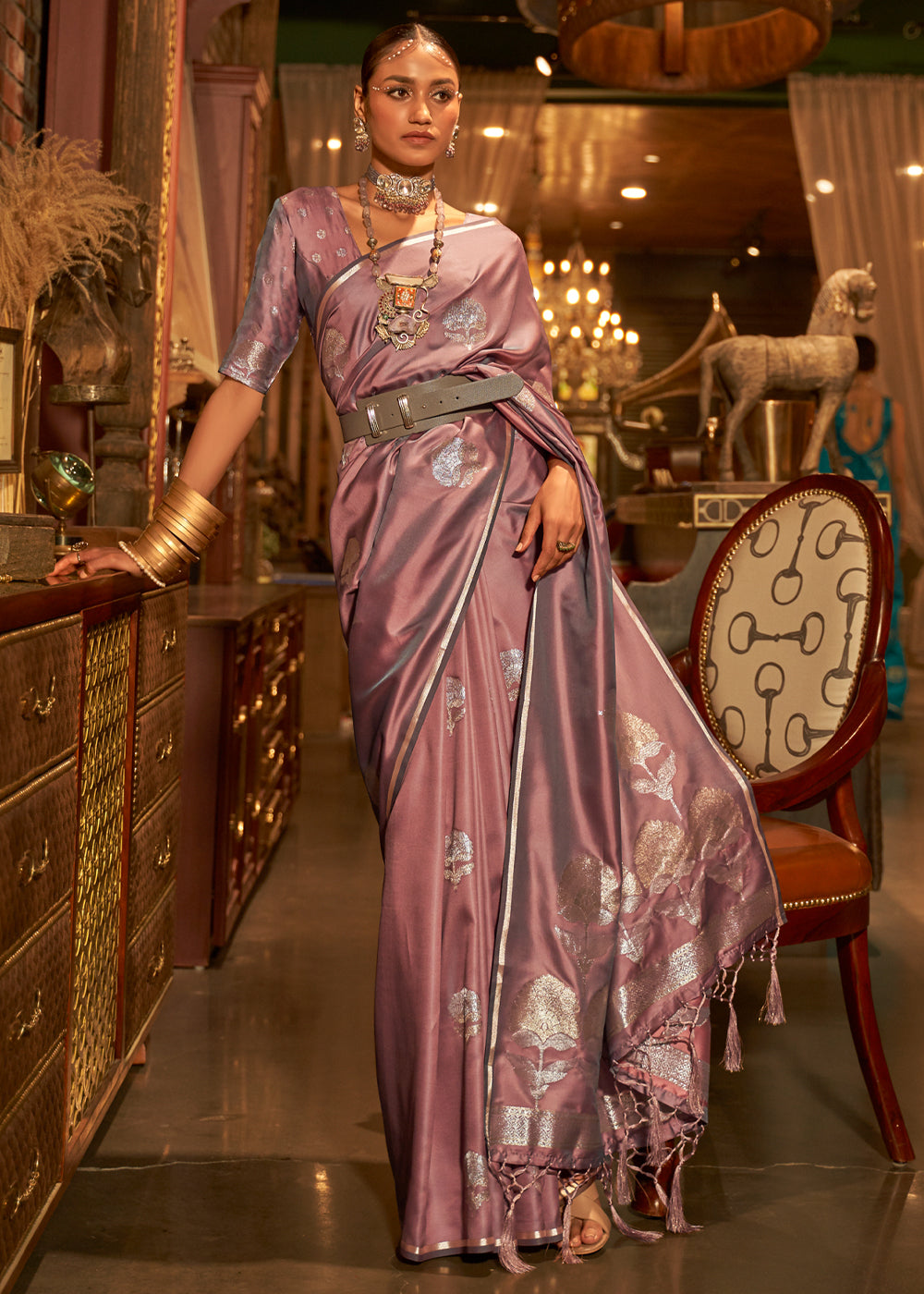 Buy MySilkLove Old Rose Purple Woven Banarasi Satin Silk Saree Online