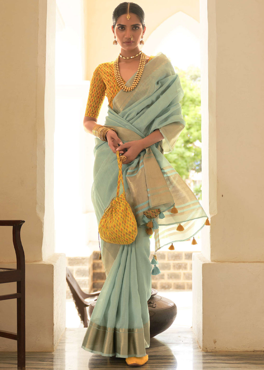 Buy MySilkLove Locust Blue and Yellow Organza Silk Saree Online