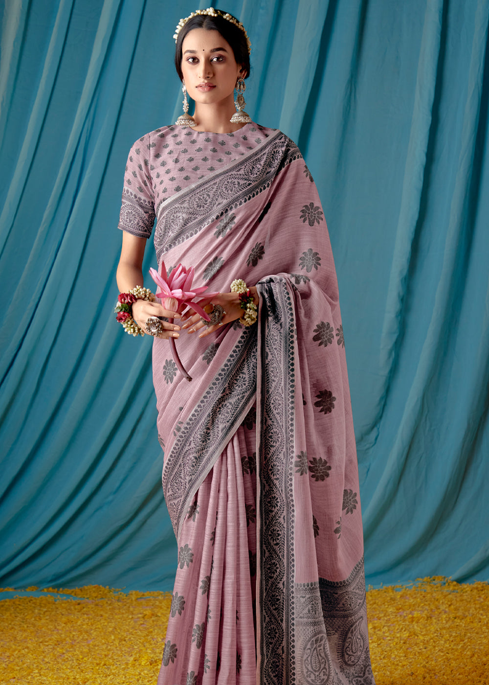 Buy MySilkLove Blossom Pink Woven Banarasi Linen Silk Saree Online