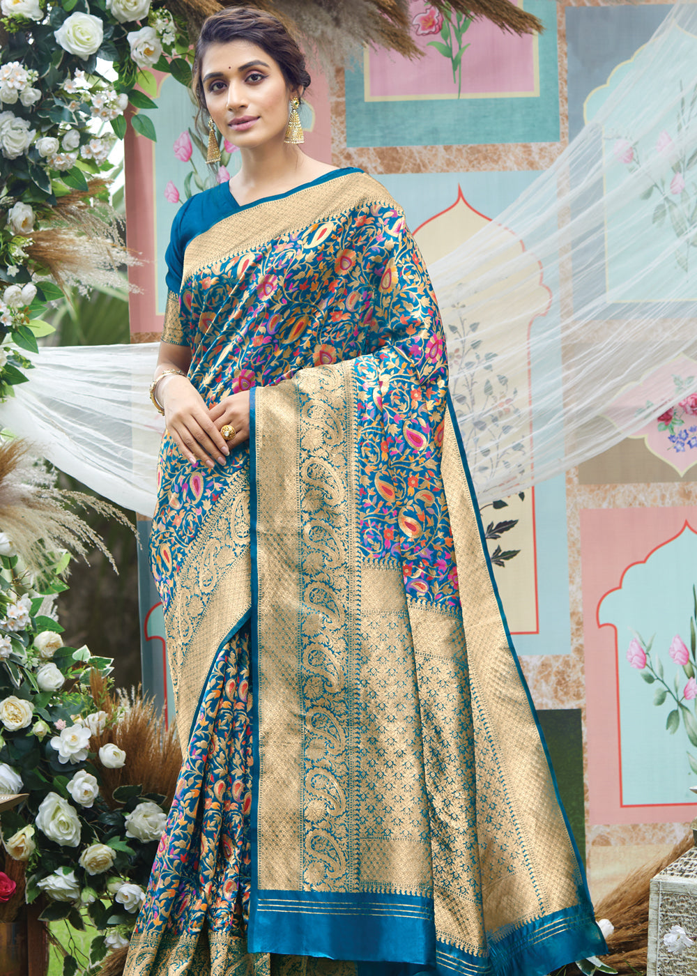 Buy MySilkLove Steel Blue Woven Banarasi Saree with Kashmiri Print Online