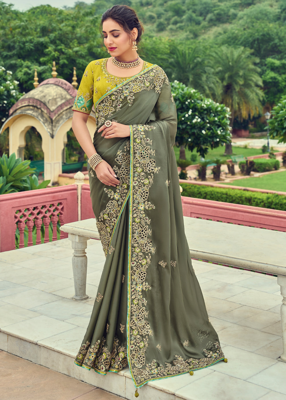Buy MySilkLove Limed Ash Green Designer Embroidered Satin Silk Saree Online