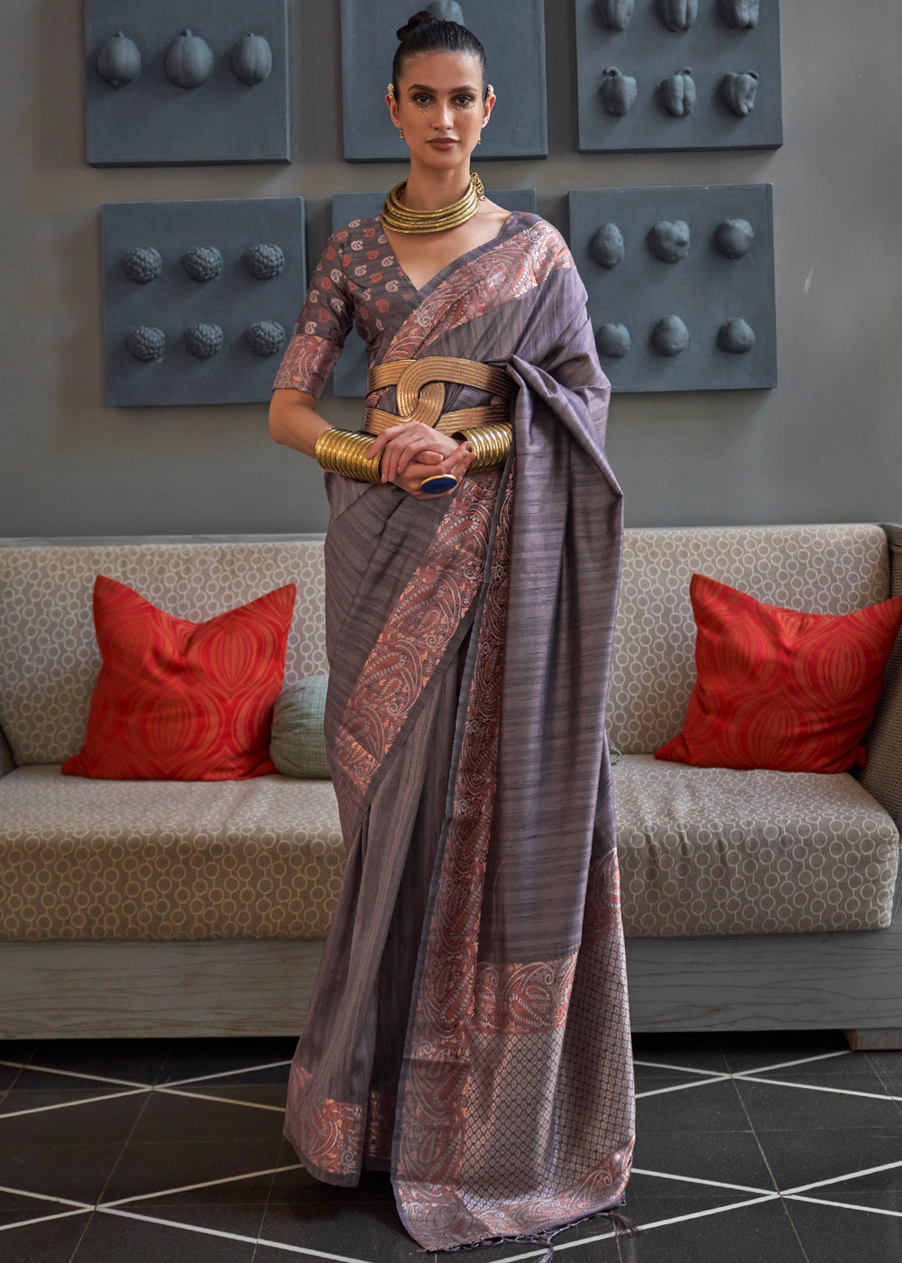 Buy MySilkLove Dorado Grey Woven Brocade Tussar Silk Saree Online