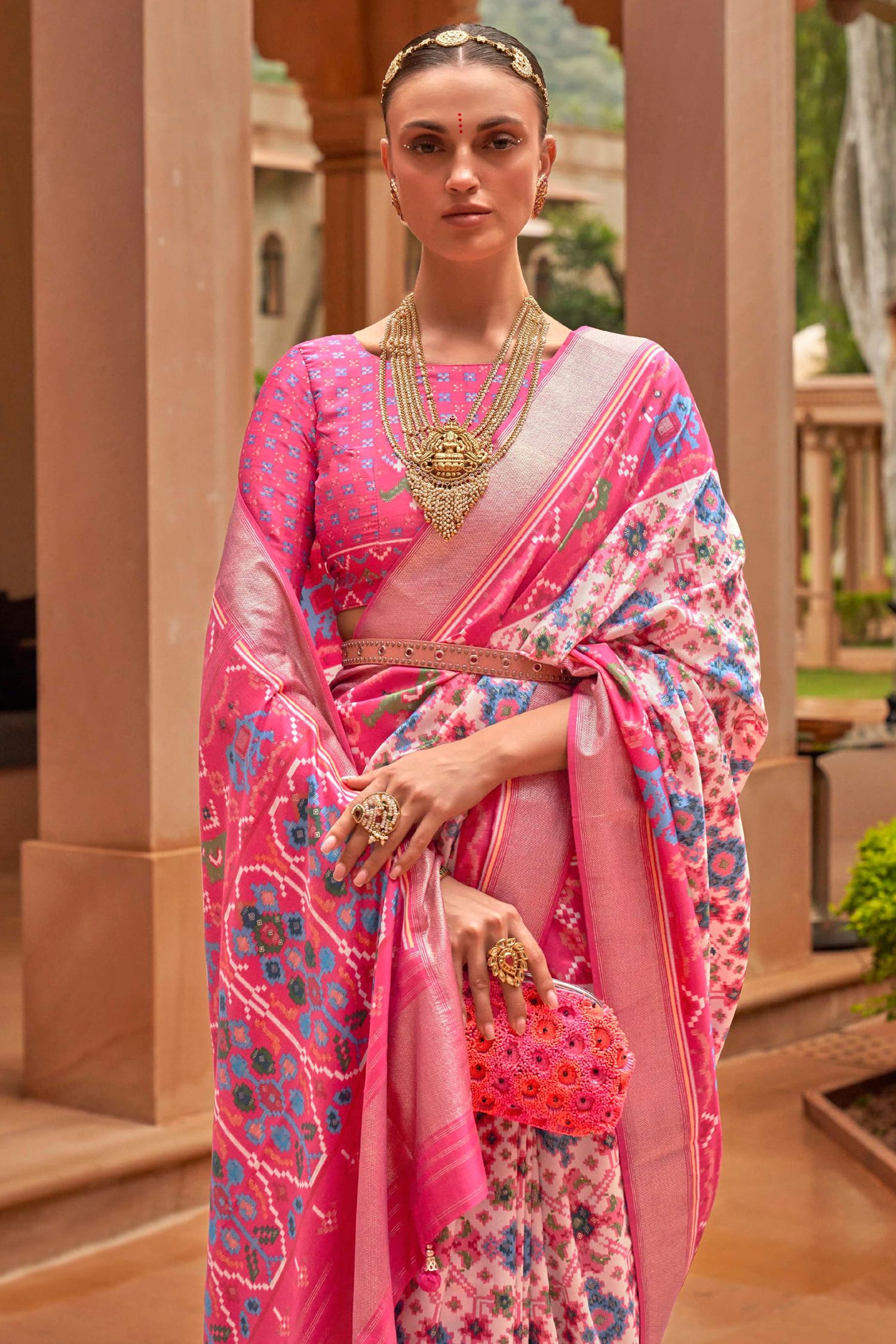 Buy MySilkLove Mauvelous Pink and Blue Patola Printed Silk Saree Online