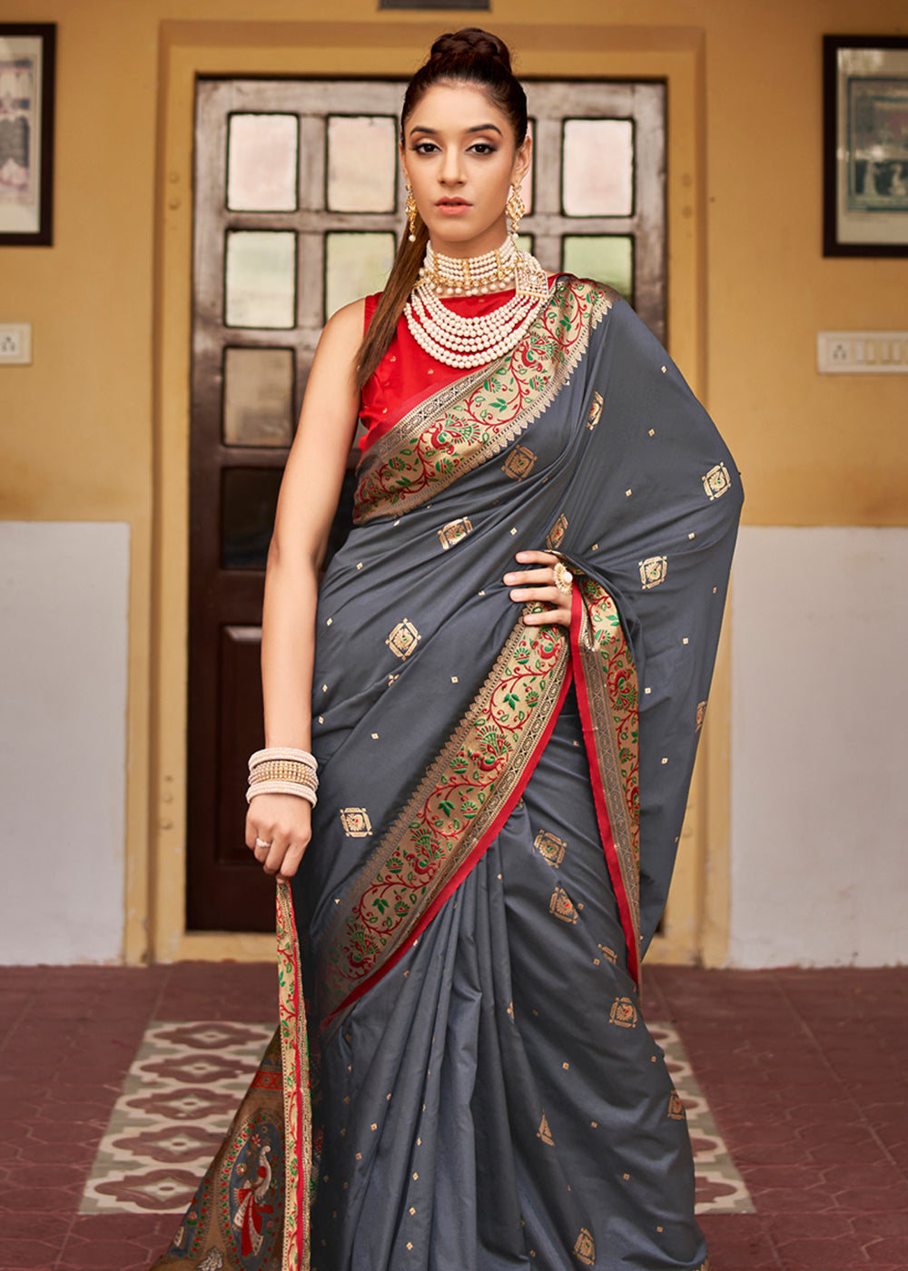 MySilkLove Abbey Grey Banarasi Woven Soft Silk Saree