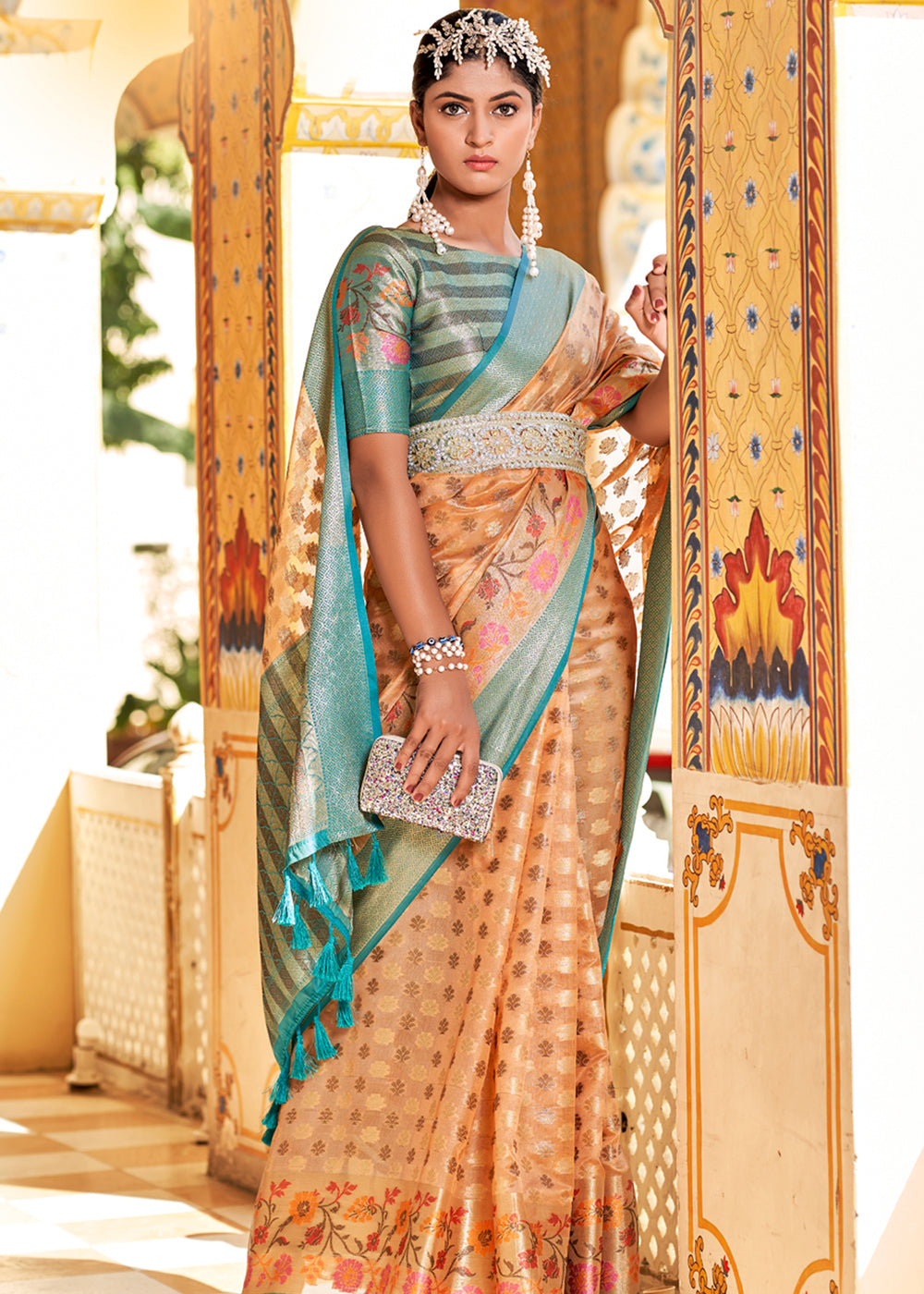 Buy MySilkLove Tan Orange and Blue Banarasi Tissue Woven Silk Saree Online