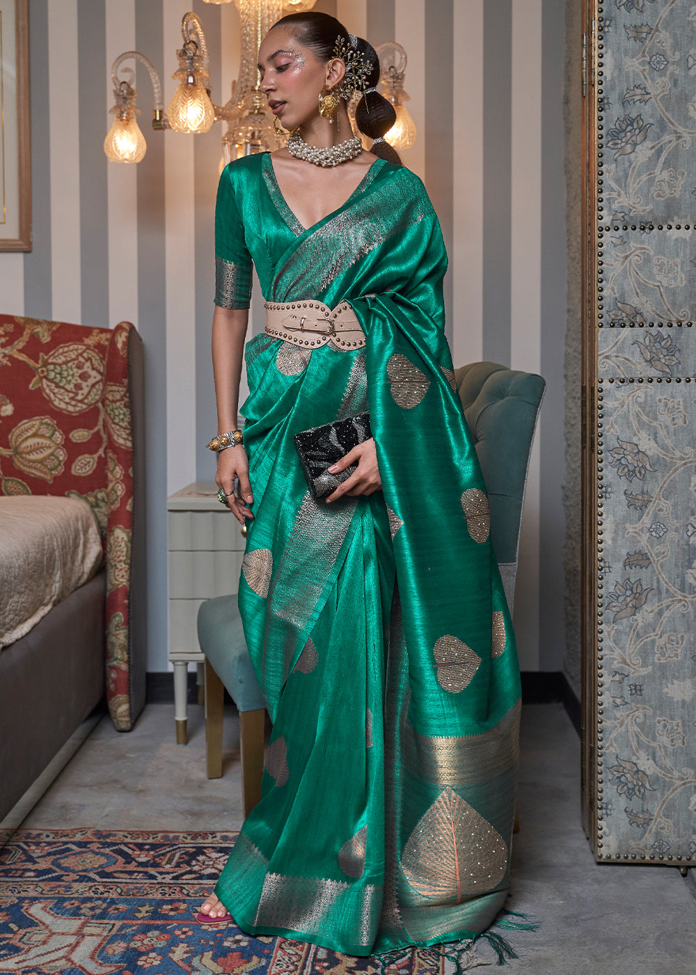 Buy MySilkLove Gossamer Green Woven Banarasi Tussar Silk Saree Online