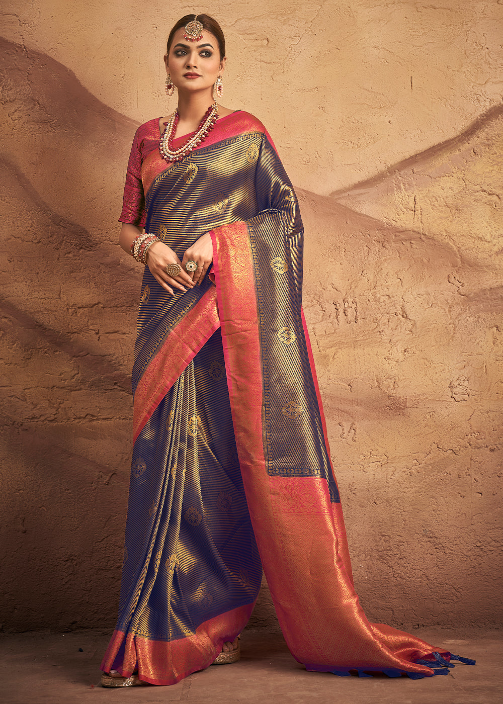 MySilkLove Ship Gray and Red Zari Woven Kanjivaram Silk Saree