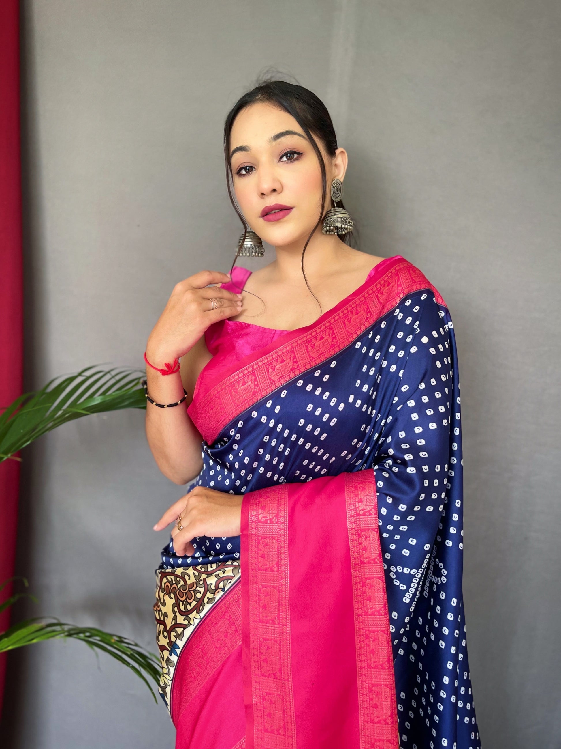 Buy MySilkLove Comet Blue and Pink Gala Bandhej Kalamkari Printed Silk Saree Online