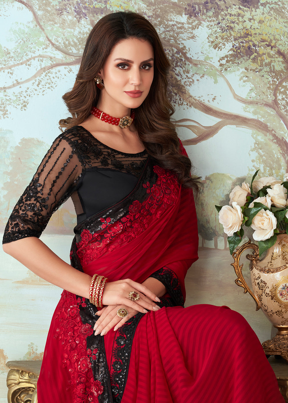 Buy MySilkLove Cherry Red Designer Embroidered Satin Silk Saree Online