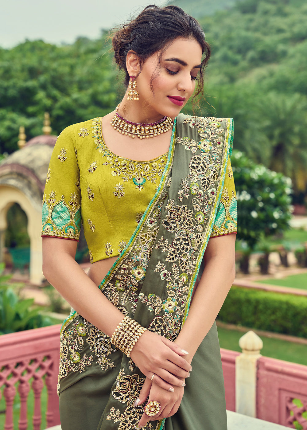 Limed Ash Green Designer Embroidered Satin Silk Saree
