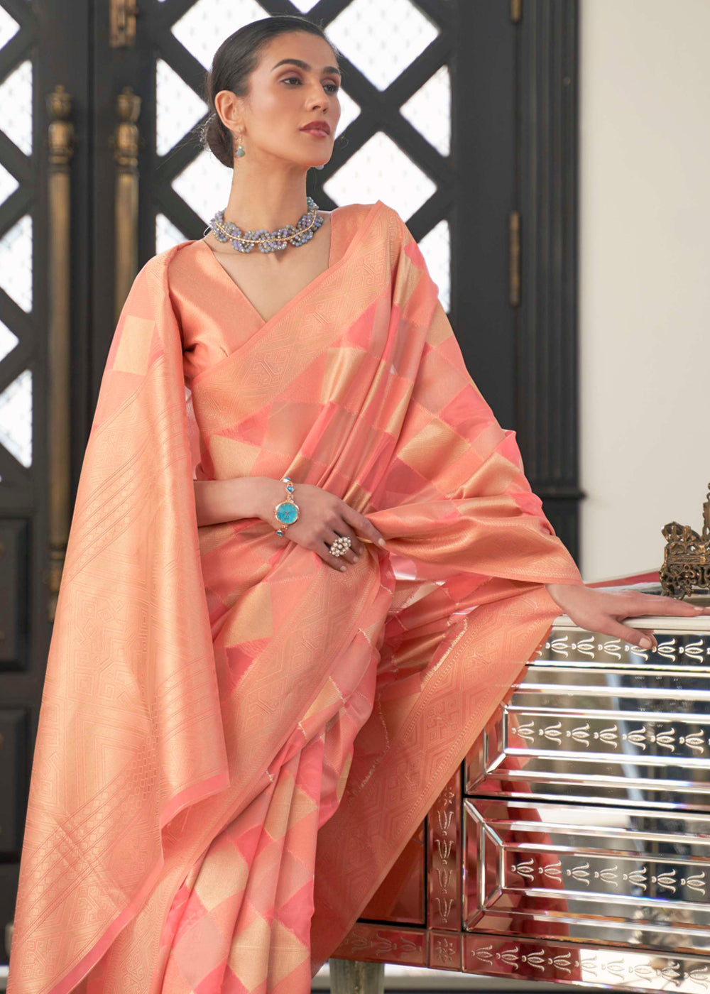 Buy MySilkLove Bittersweet Peach Woven Organza Banarasi Silk Saree Online