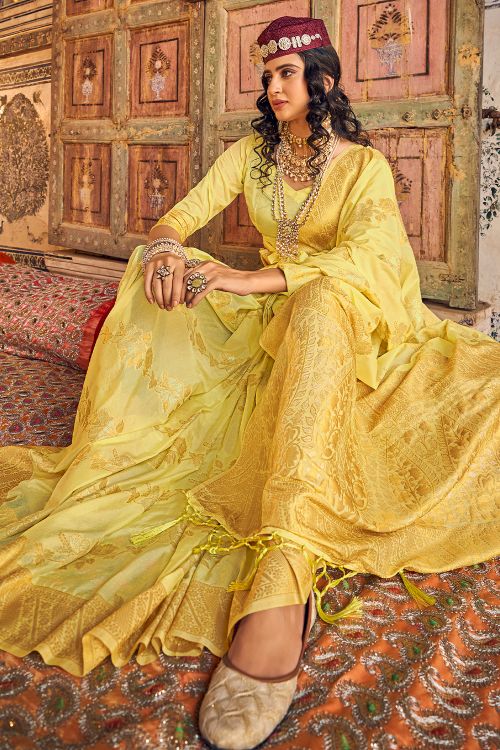 Buy MySilkLove Old Gold Yellow Woven Georgette Saree Online