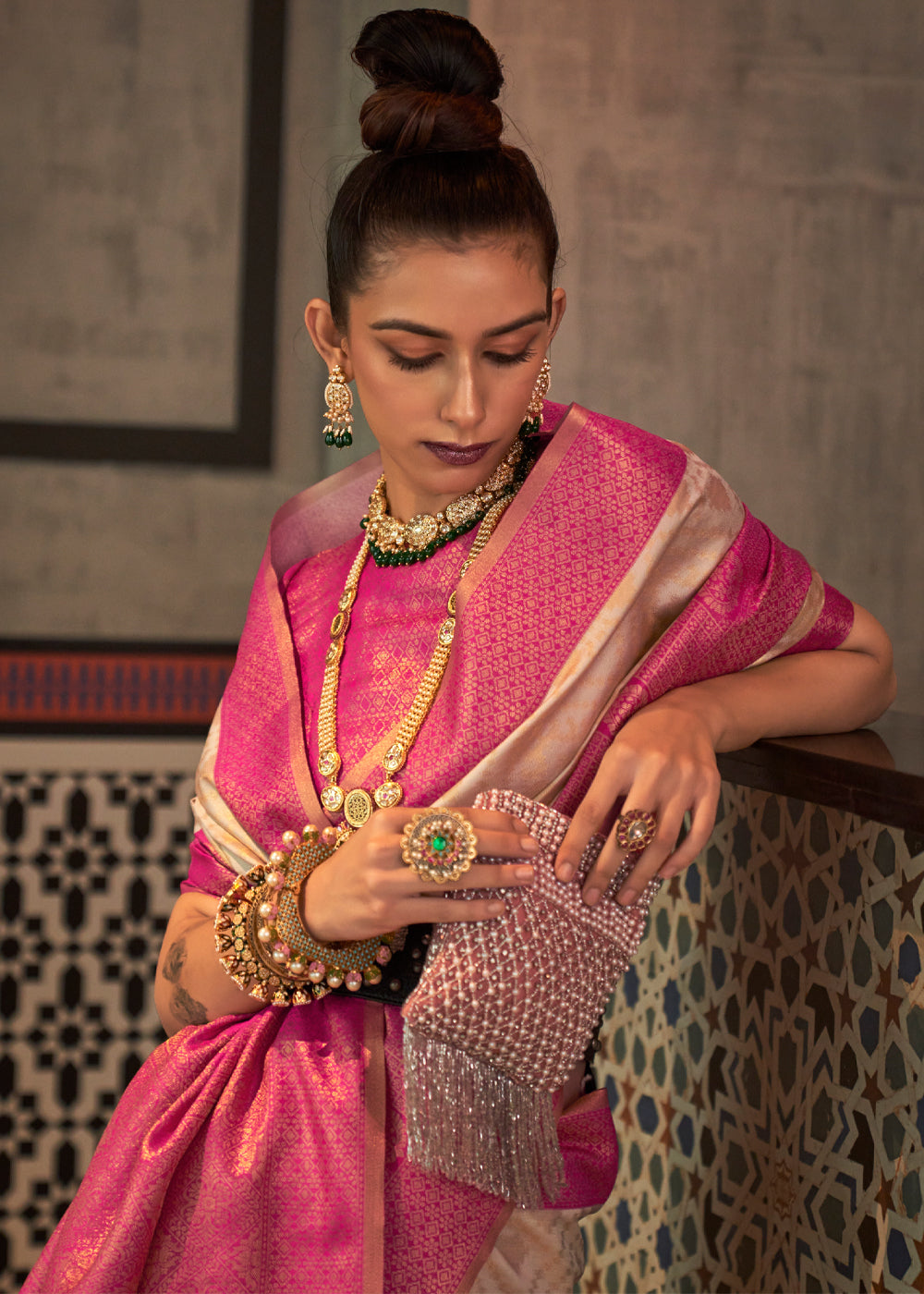 Buy MySilkLove Ivory White and pink Banarasi Woven Silk Saree Online