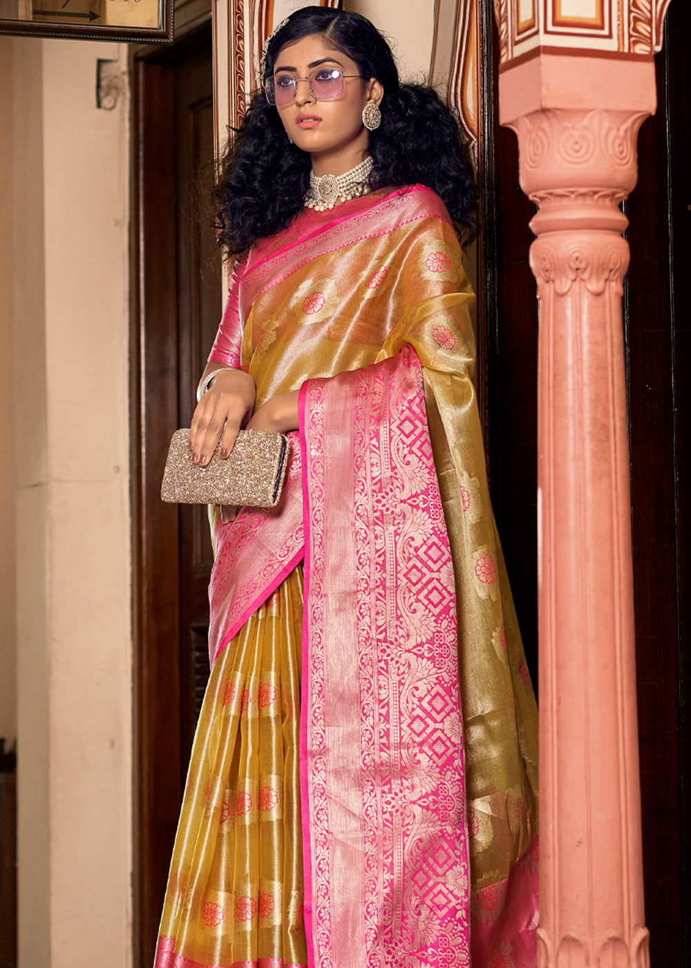 Buy MySilkLove Tussock Golden and Pink Woven Banarasi Organza Silk Saree Online