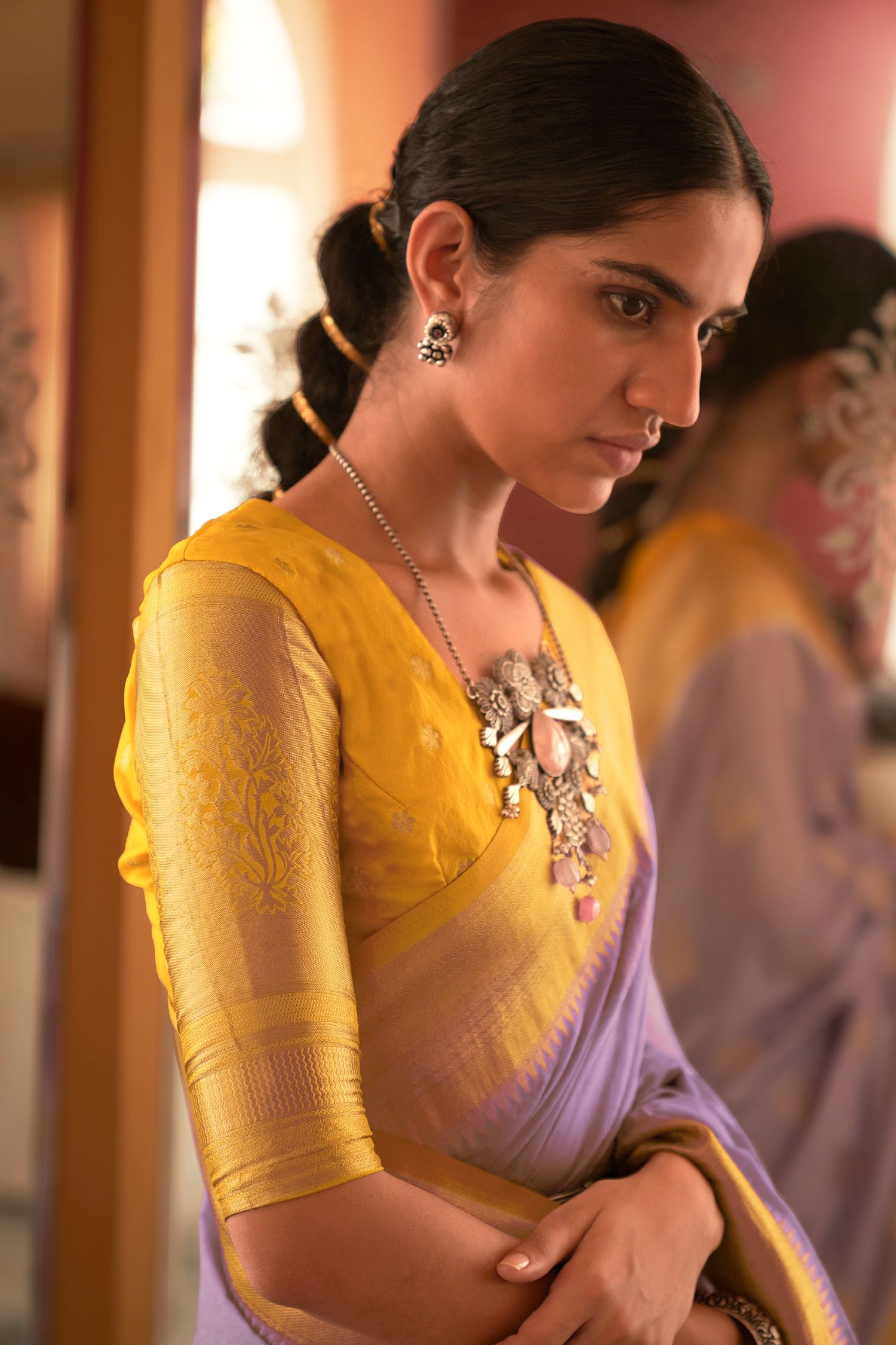 Buy MySilkLove Brandy Rose Purple and Yellow Woven Banarasi Woven Silk Saree Online