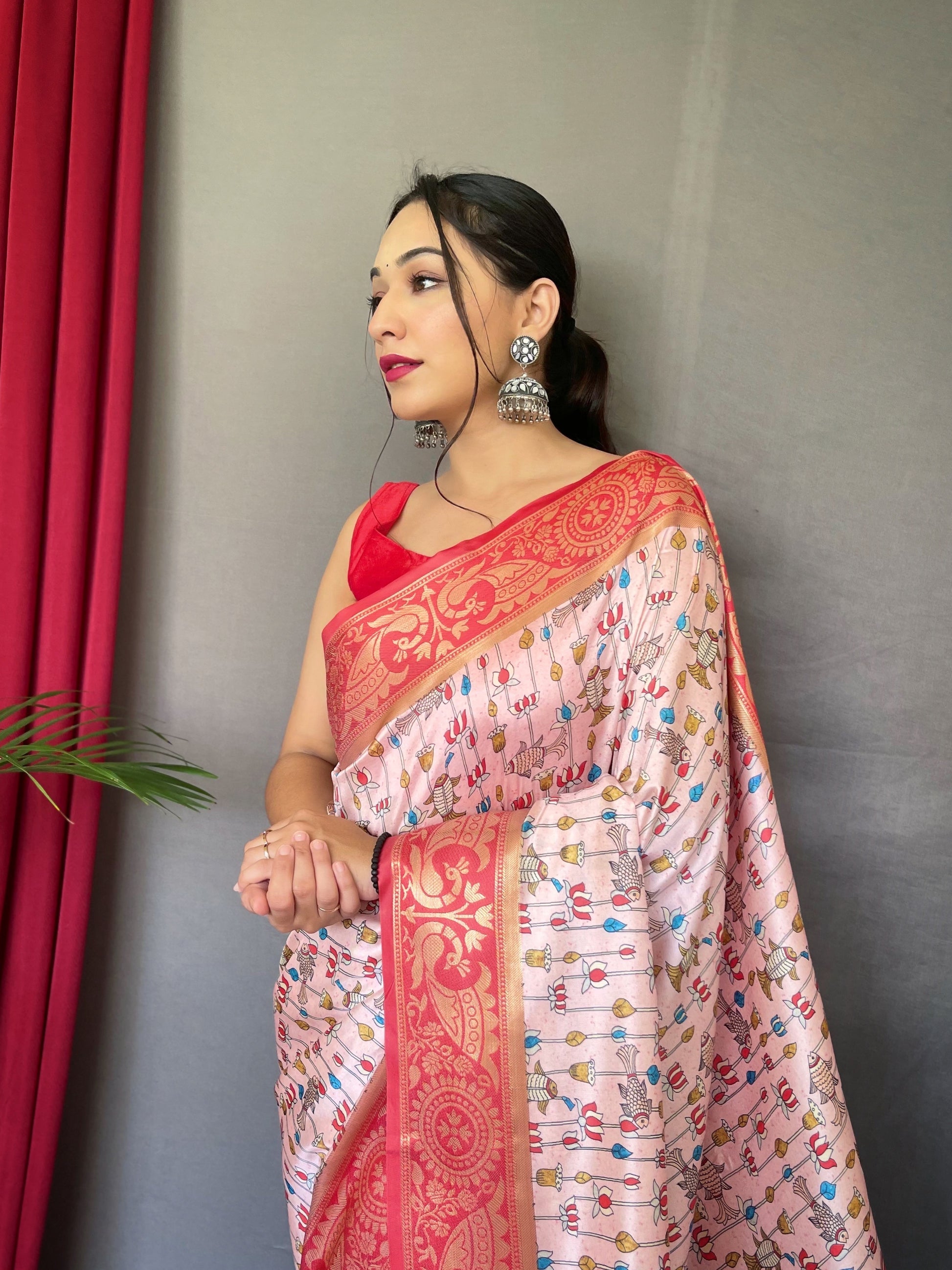 Buy MySilkLove Watusi Pink Kohinoor Kalamkari Gala Paithani Printed Fusion Woven Saree Online