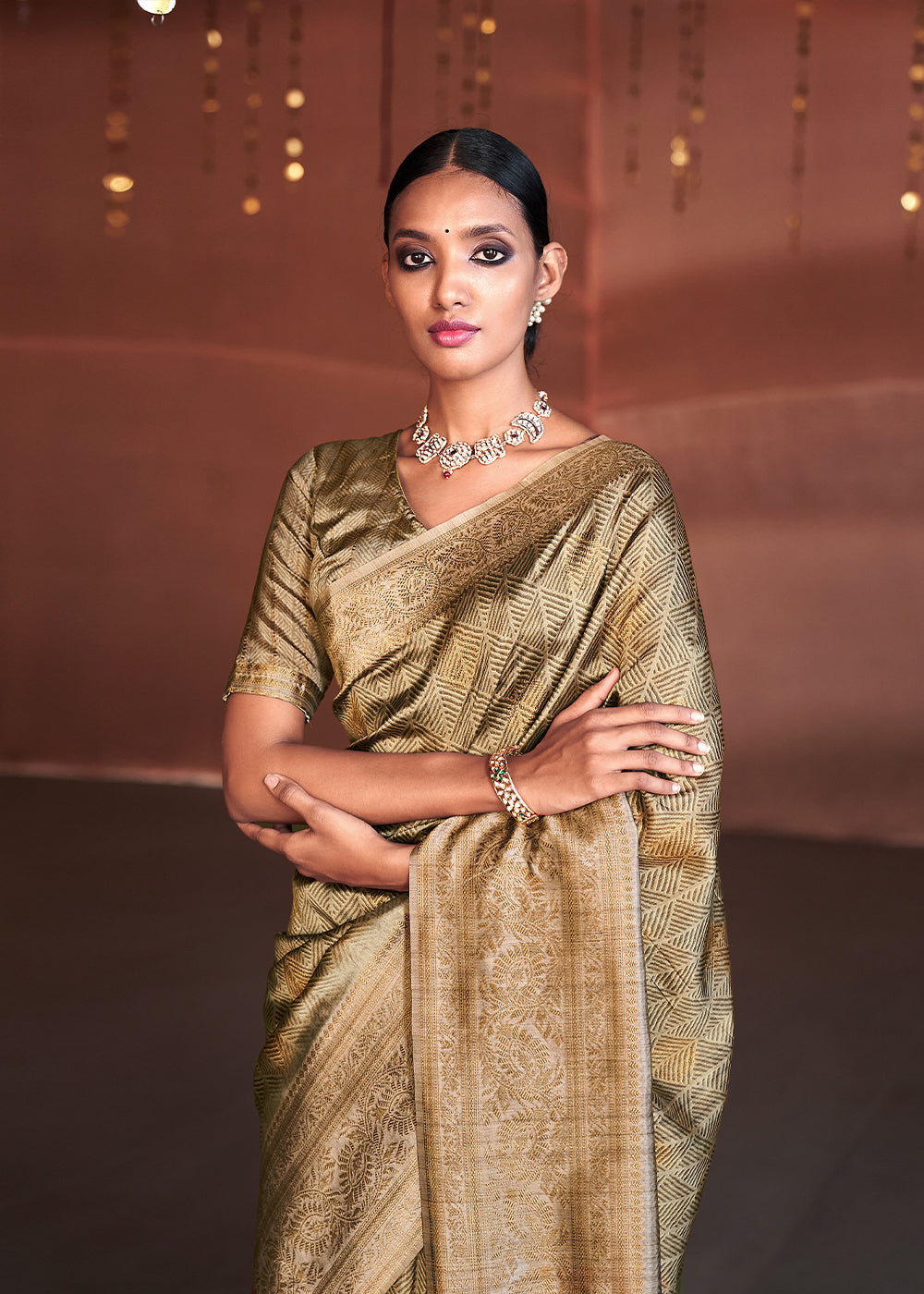 Buy MySilkLove Straw Brown Banarasi Woven Printed Silk Saree Online