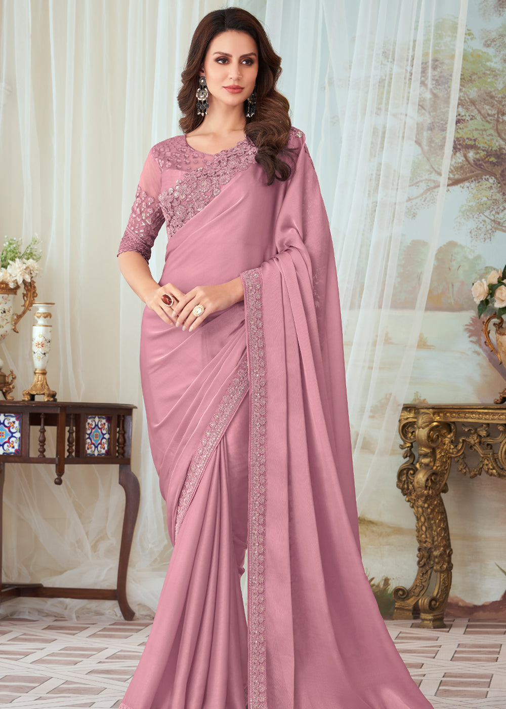 Buy MySilkLove Old Rose Pink Woven Satin Silk Saree Online