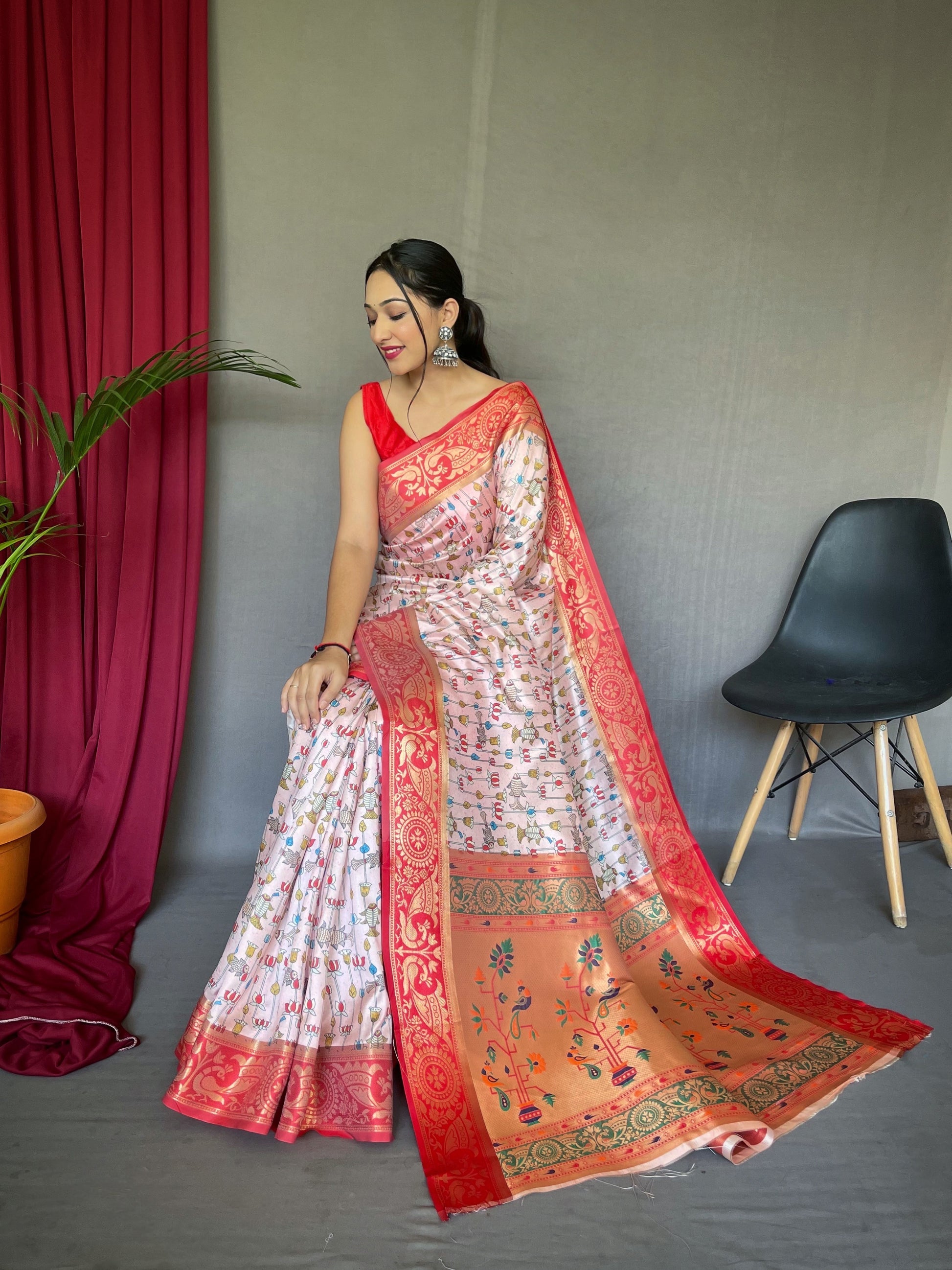 MySilkLove Watusi Pink Kohinoor Kalamkari Gala Paithani Printed Fusion Woven Saree