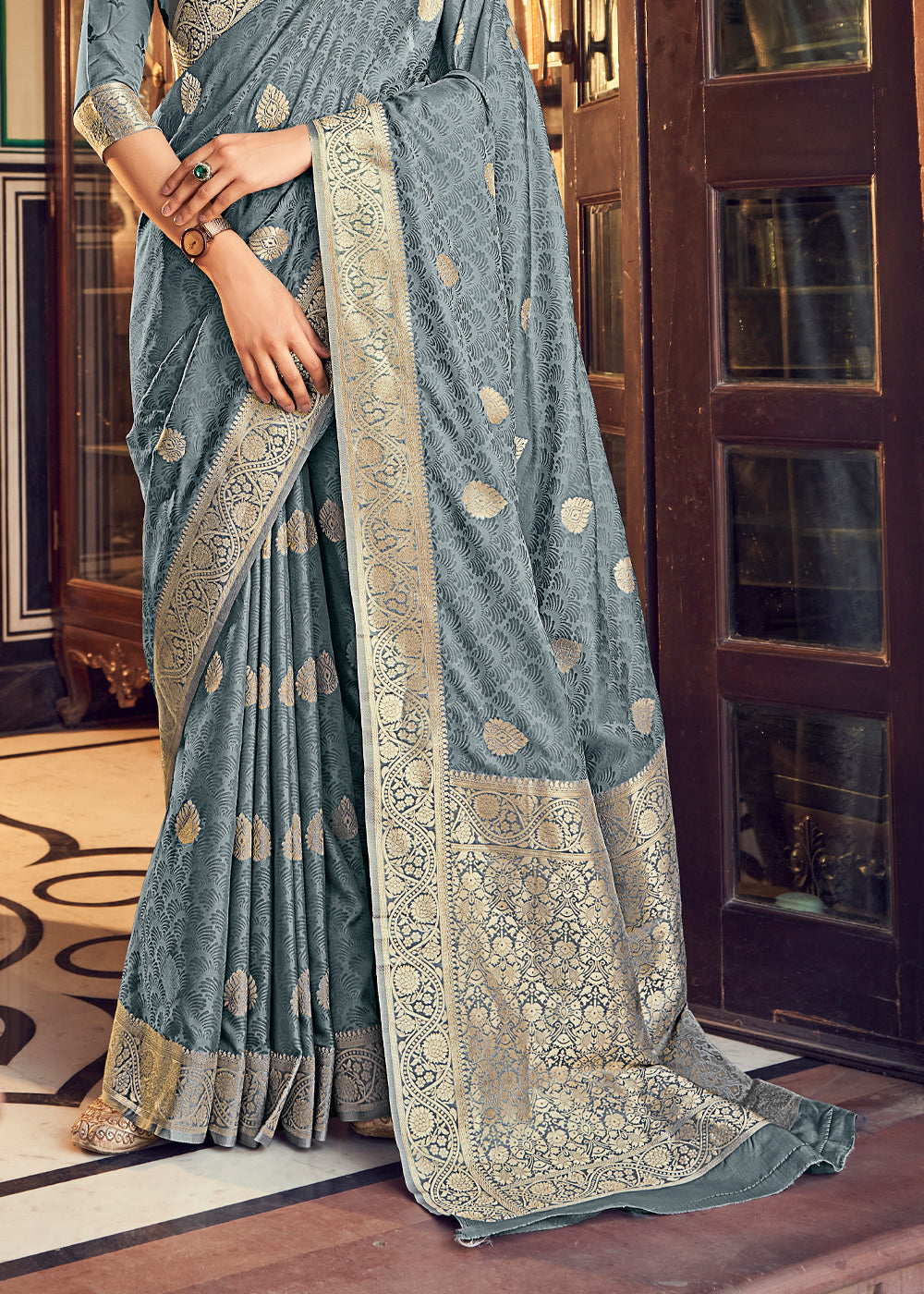 Buy MySilkLove Oslo Grey Banarasi Woven Satin Silk Saree Online