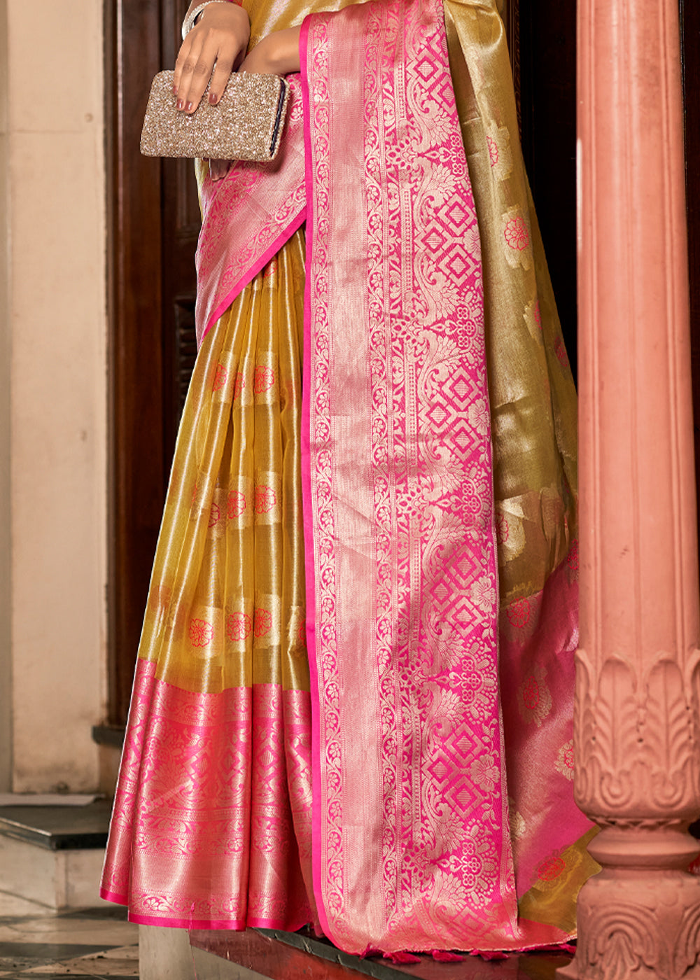 Buy MySilkLove Tussock Golden and Pink Woven Banarasi Organza Silk Saree Online