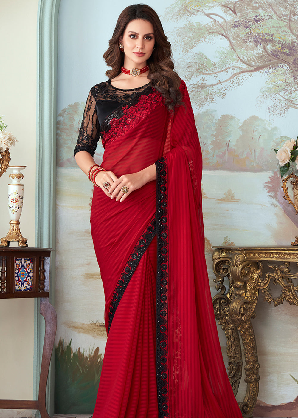 Buy MySilkLove Cherry Red Designer Embroidered Satin Silk Saree Online