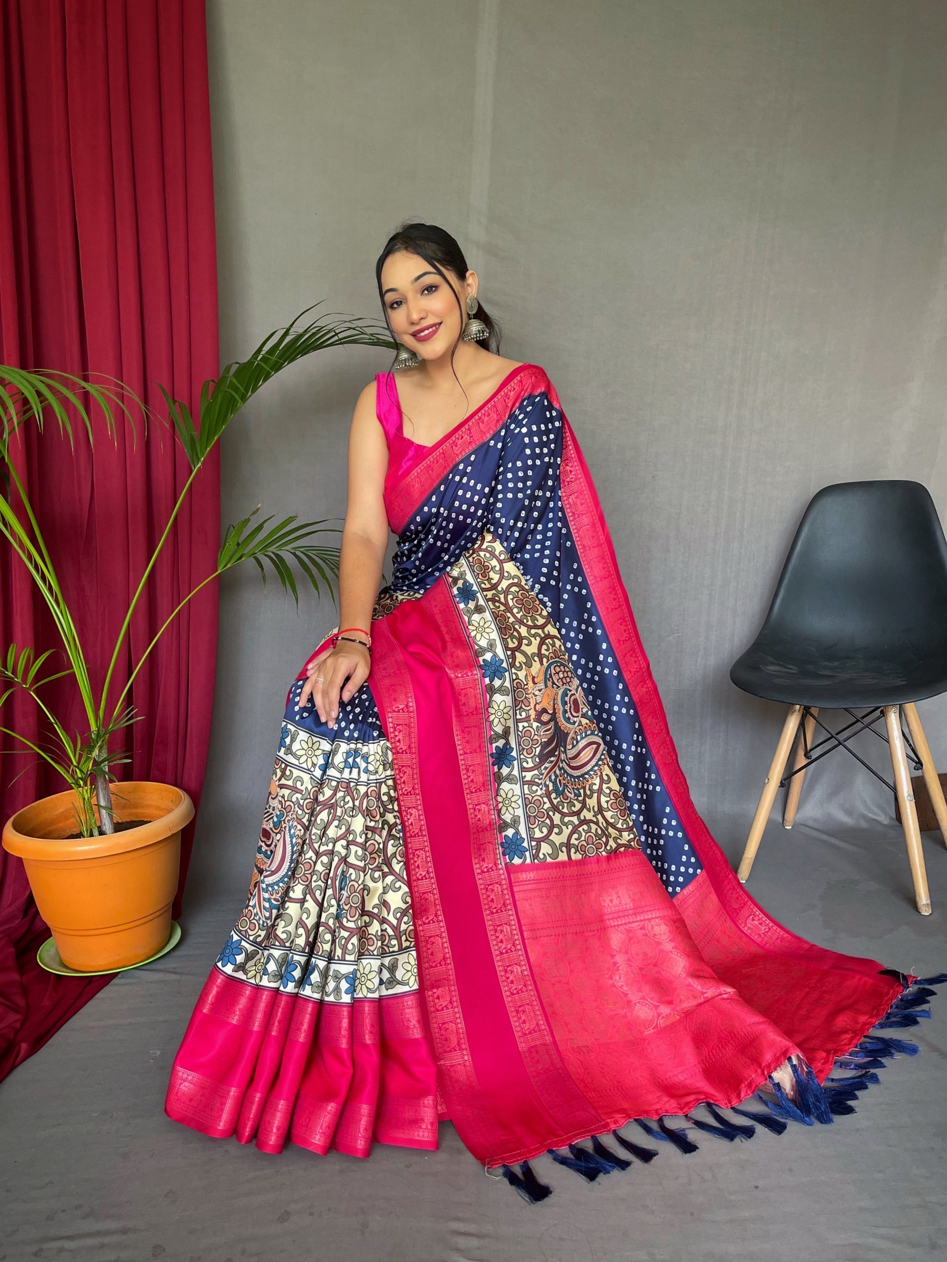 MySilkLove Comet Blue and Pink Gala Bandhej Kalamkari Printed Silk Saree