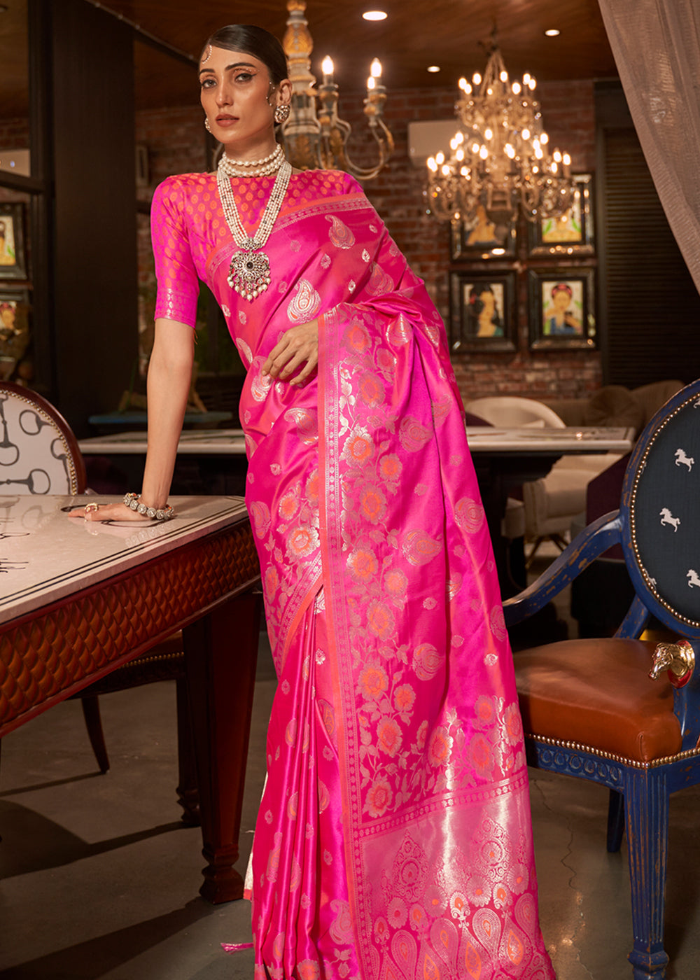 Buy MySilkLove Wild Strawberry Pink Banarasi Woven Satin Silk Saree Online