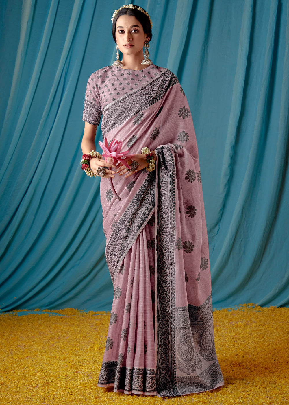 Buy MySilkLove Blossom Pink Woven Banarasi Linen Silk Saree Online