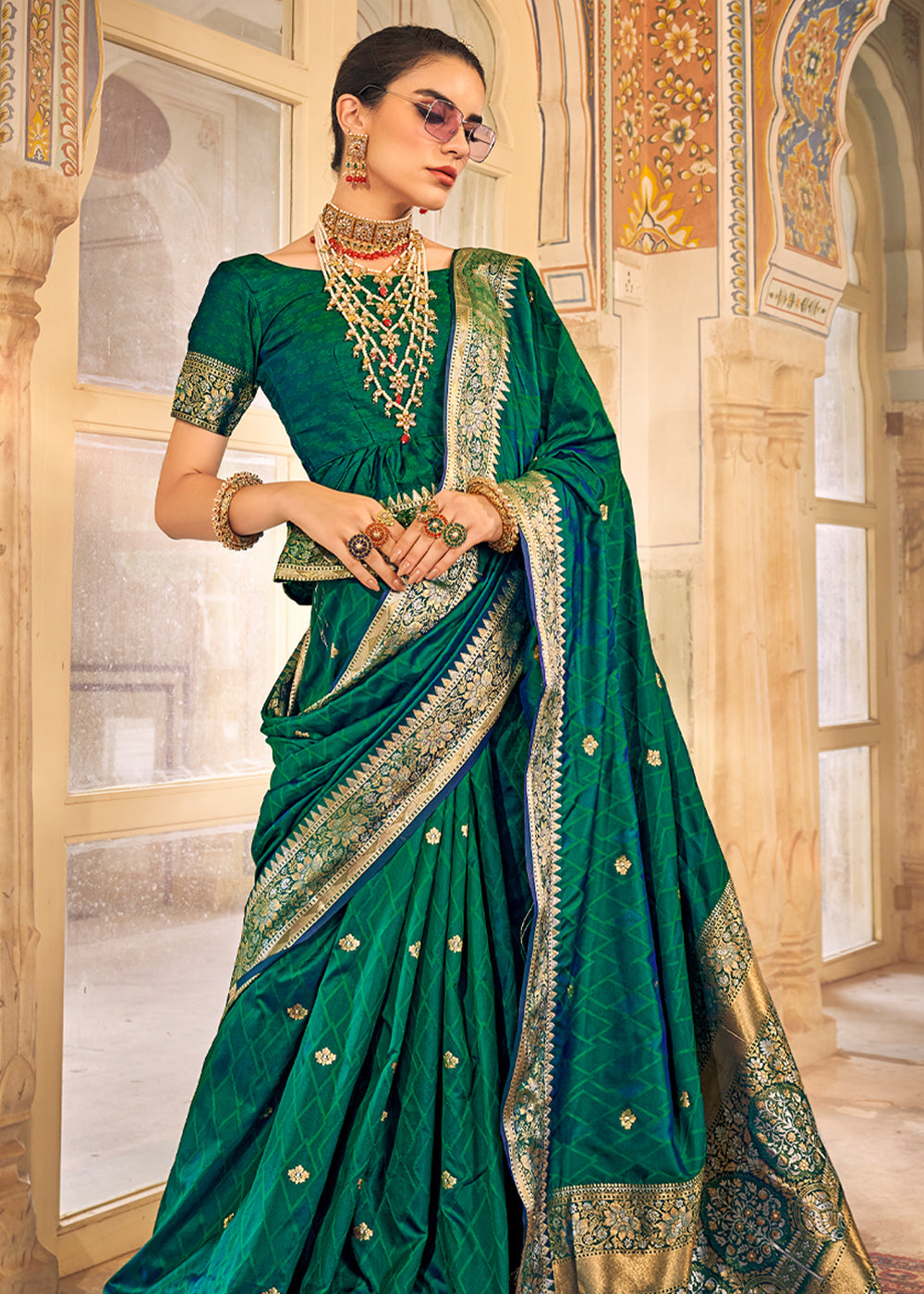 Buy MySilkLove Aqua Deep Green Woven Banarasi Satin Silk Saree Online