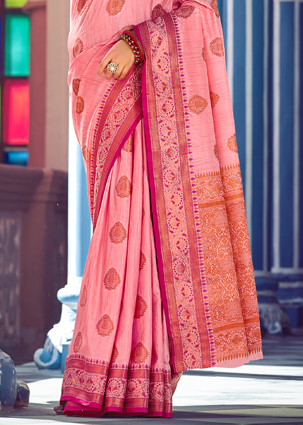 Carnation Pink Woven Banarasi Silk Saree