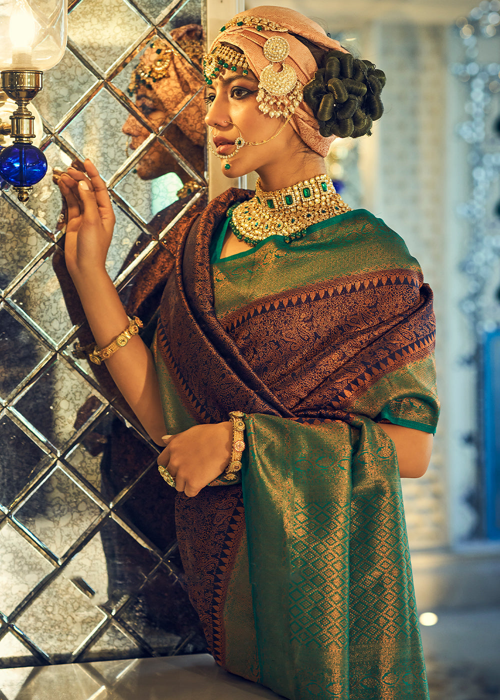 Buy MySilkLove Sepia Brown and Green Woven Kanjivaram Silk Saree Online