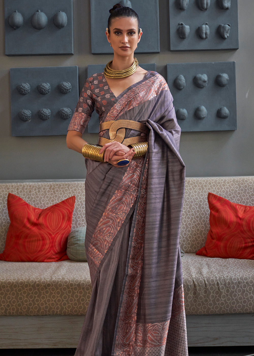 Buy MySilkLove Dorado Grey Woven Brocade Tussar Silk Saree Online