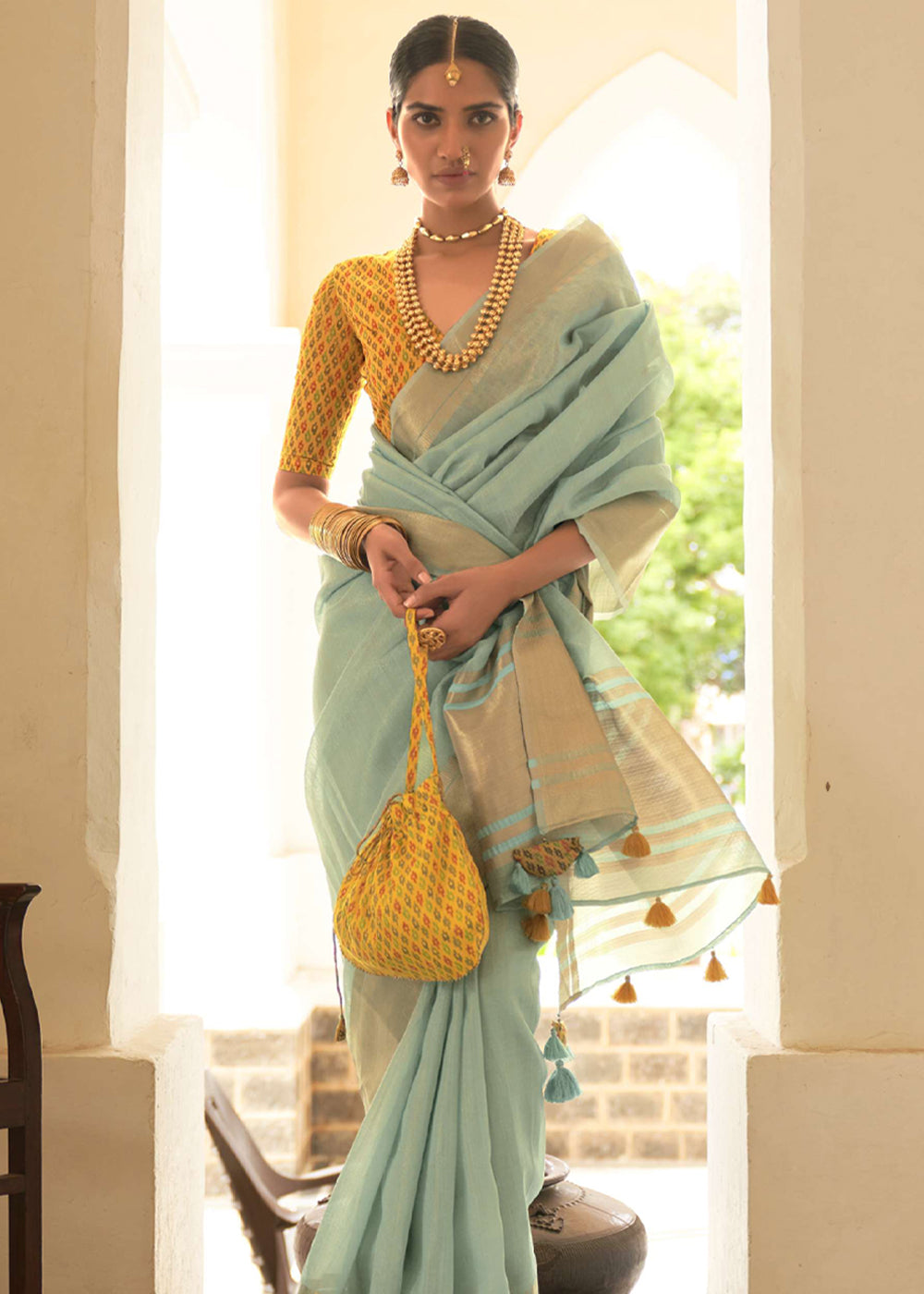 Buy MySilkLove Locust Blue and Yellow Organza Silk Saree Online