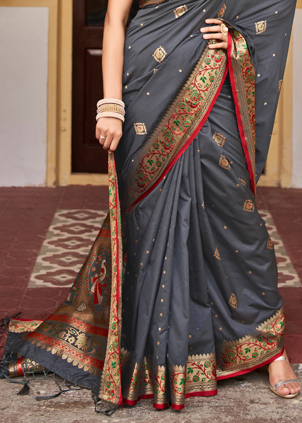 Buy MySilkLove Abbey Grey Banarasi Woven Soft Silk Saree Online