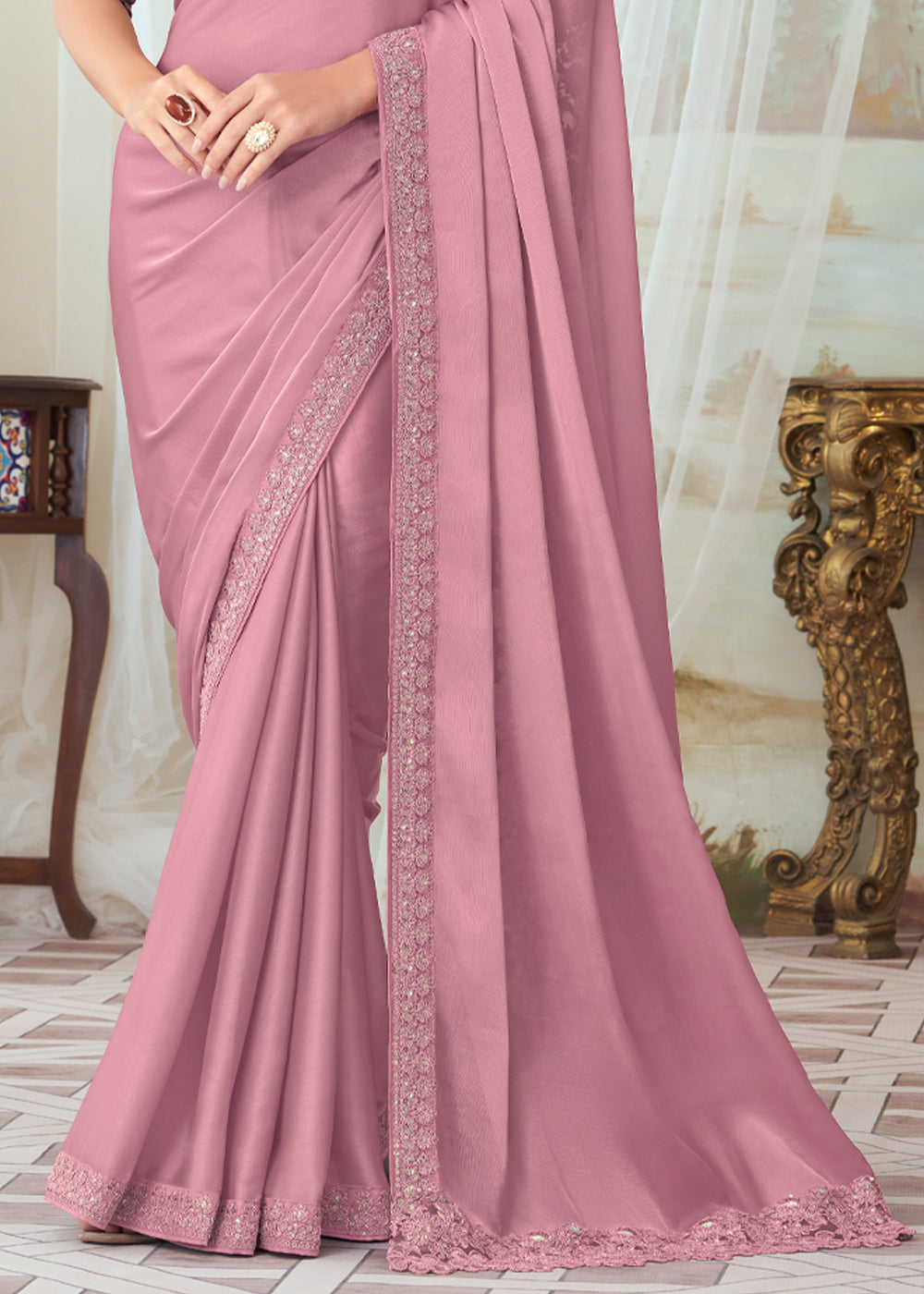 Buy MySilkLove Old Rose Pink Woven Satin Silk Saree Online