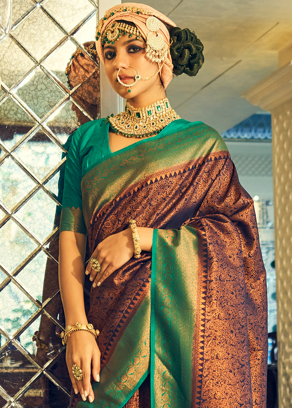 Buy MySilkLove Sepia Brown and Green Woven Kanjivaram Silk Saree Online