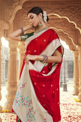 Amaranth Red Designer Banarasi Satin Silk Saree