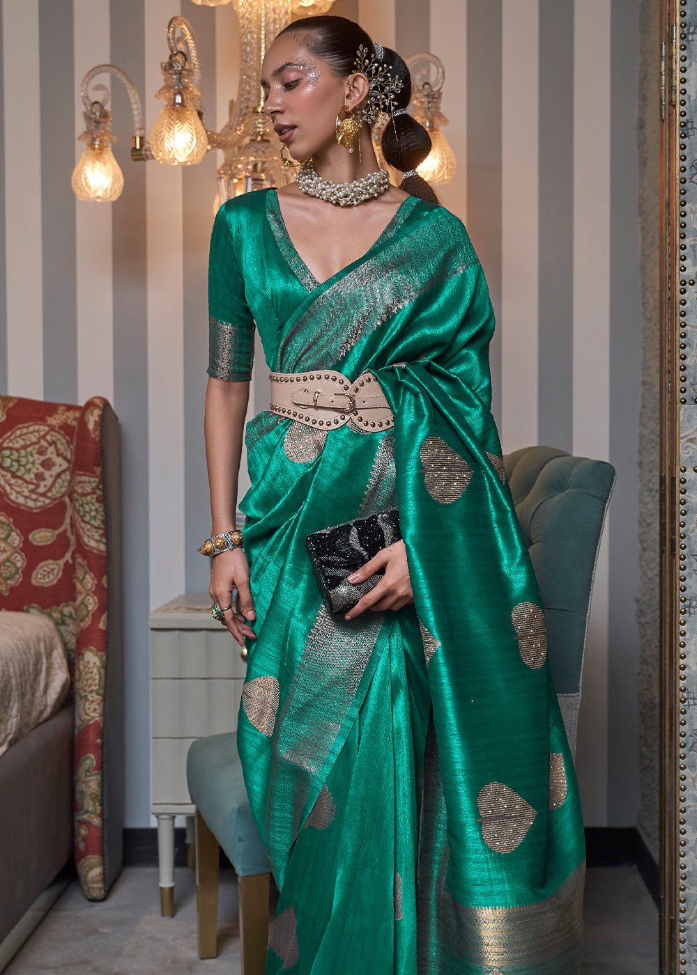 Buy MySilkLove Gossamer Green Woven Banarasi Tussar Silk Saree Online