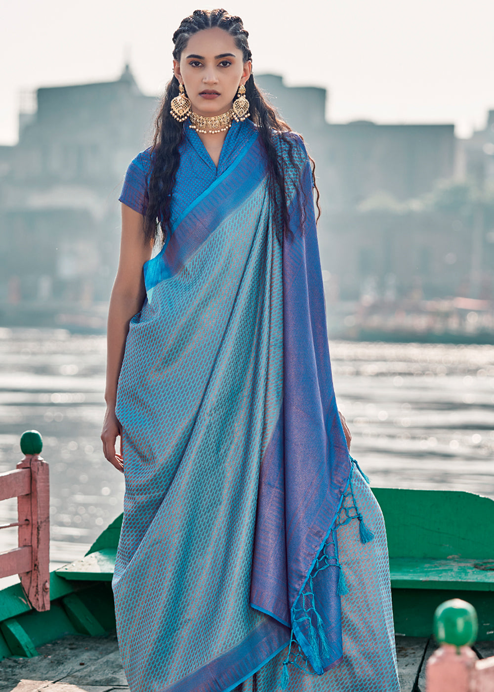 Buy MySilkLove Nepal Blue Woven Banarasi Soft Silk Saree Online