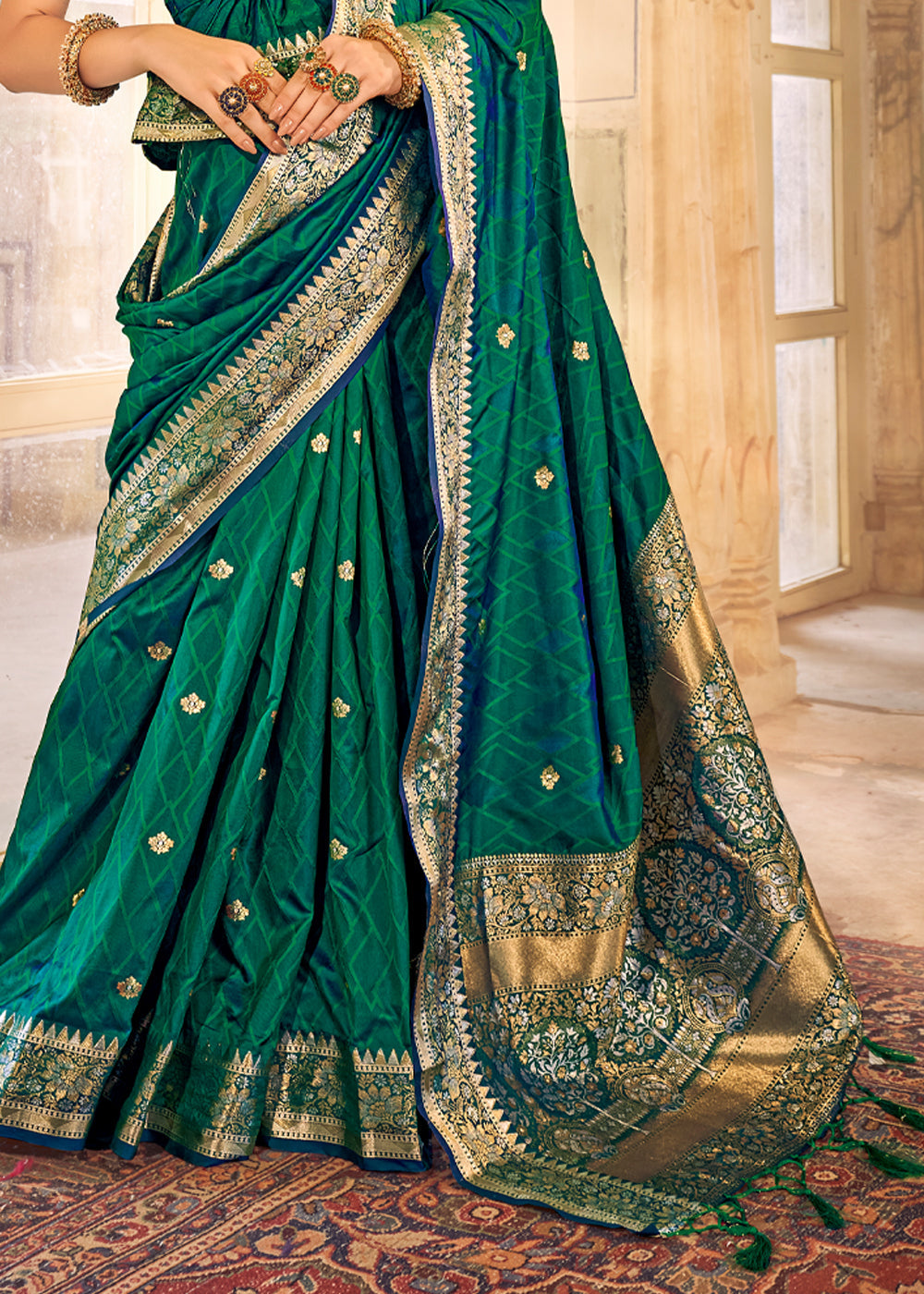 Buy MySilkLove Aqua Deep Green Woven Banarasi Satin Silk Saree Online