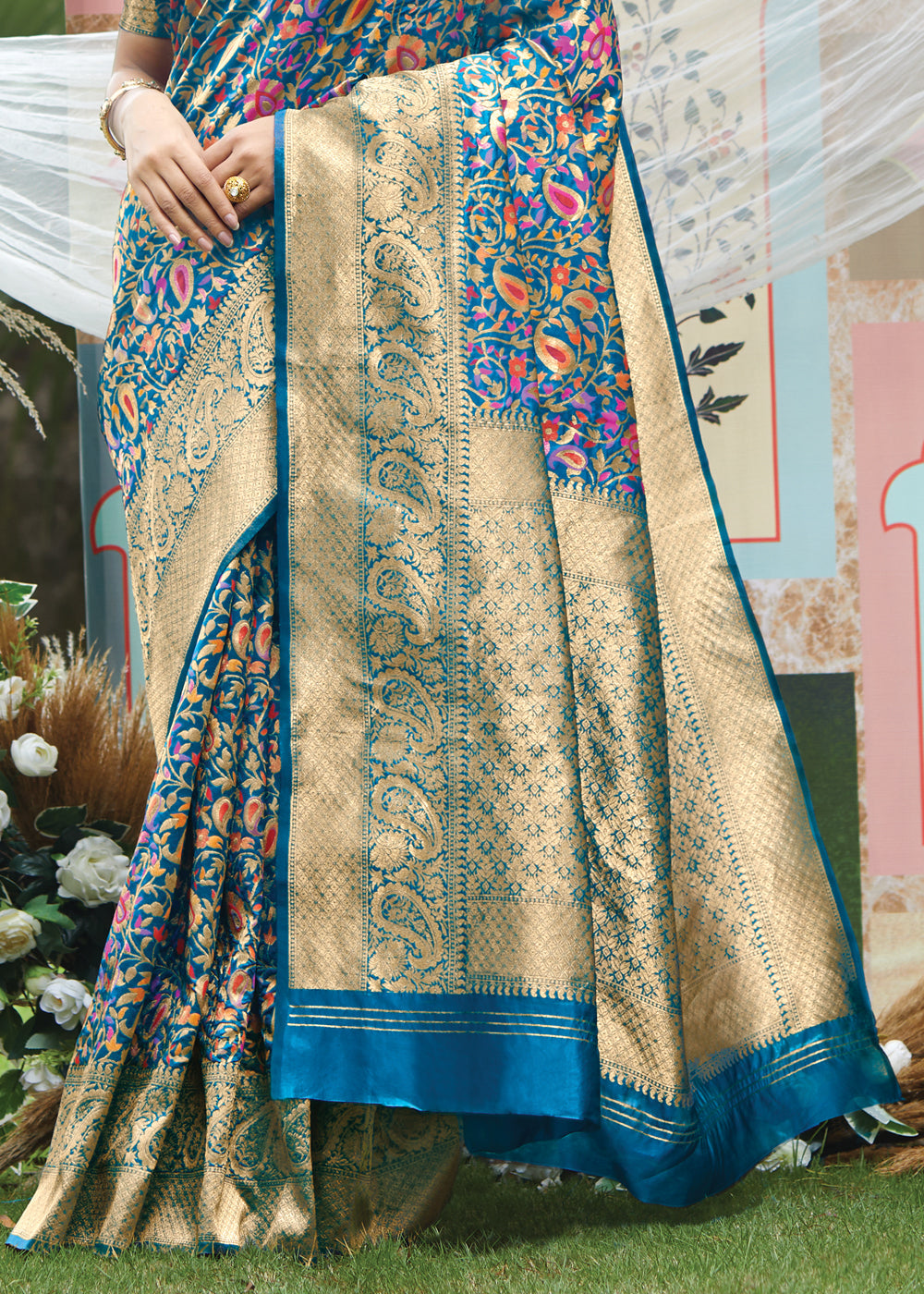 Buy MySilkLove Steel Blue Woven Banarasi Saree with Kashmiri Print Online