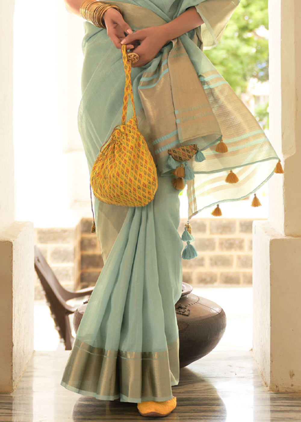 Buy MySilkLove Locust Blue and Yellow Organza Silk Saree Online