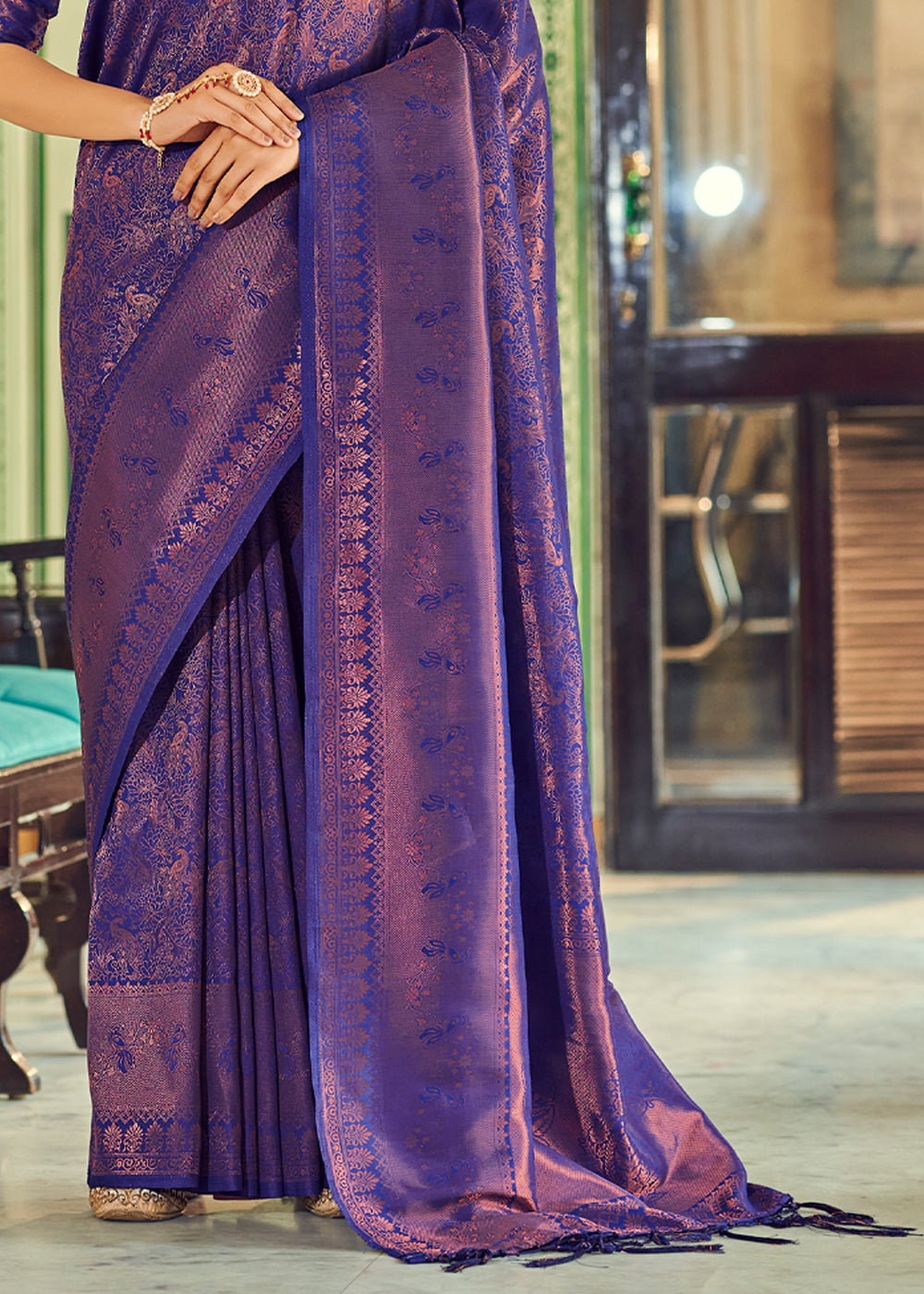 Trendy Blue Woven Kanjivaram Silk Saree