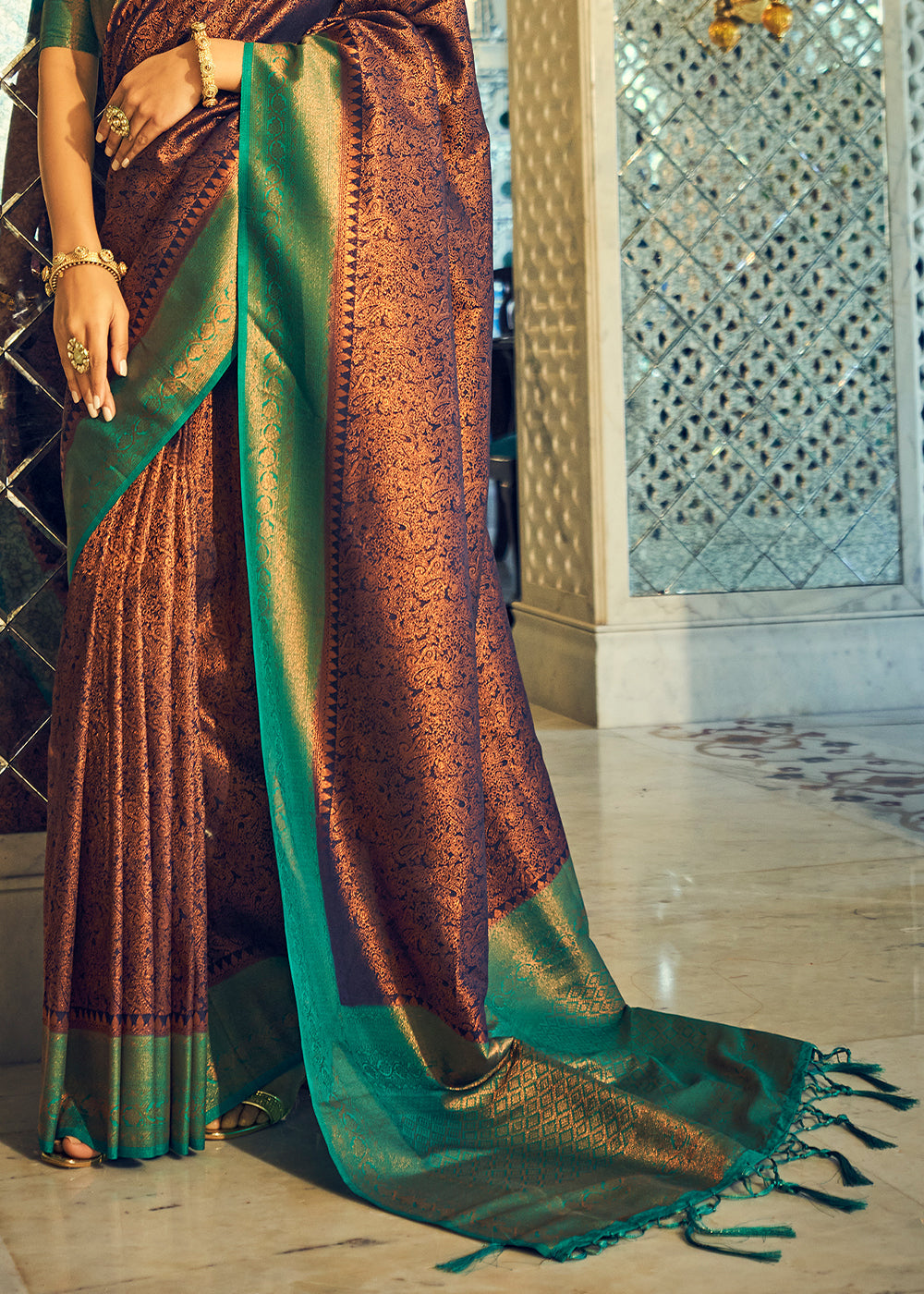 Buy MySilkLove Sepia Brown and Green Woven Kanjivaram Silk Saree Online