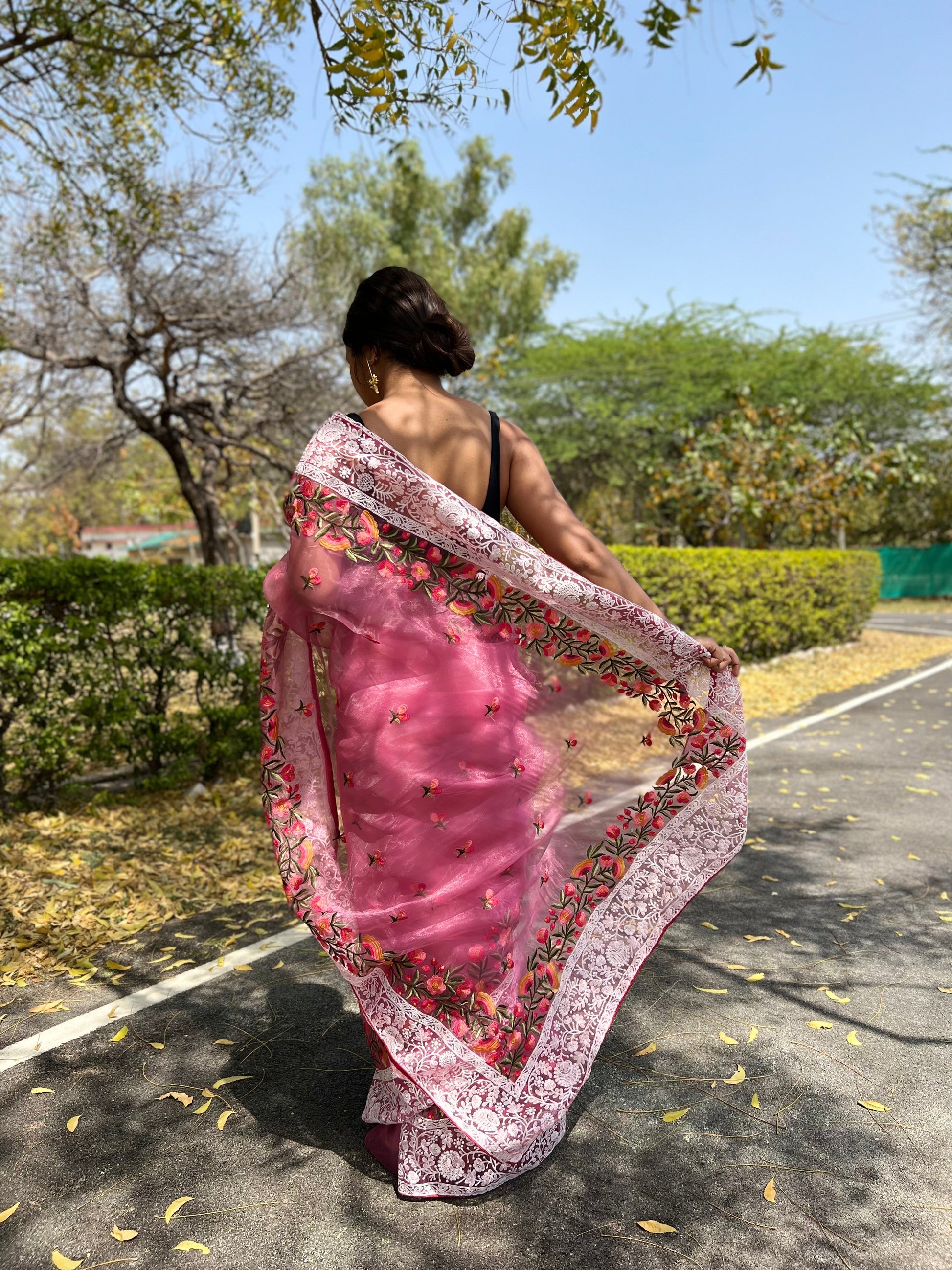 Buy MySilkLove Baby Pink Lucknowi Chikankari Organza Silk Saree Online