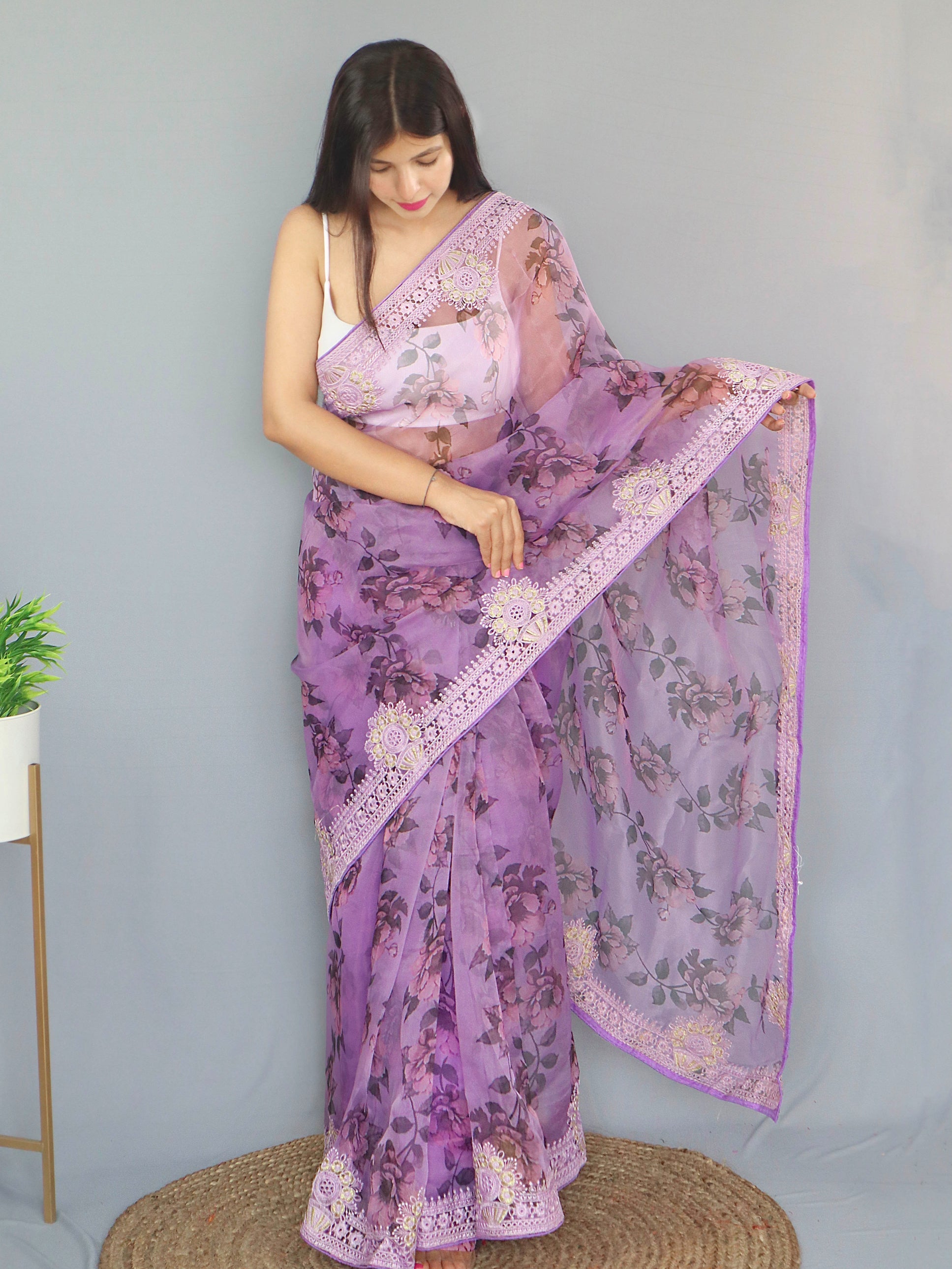 Buy MySilkLove Lily Lavender Purple Organza Digital Floral Printed Saree Online