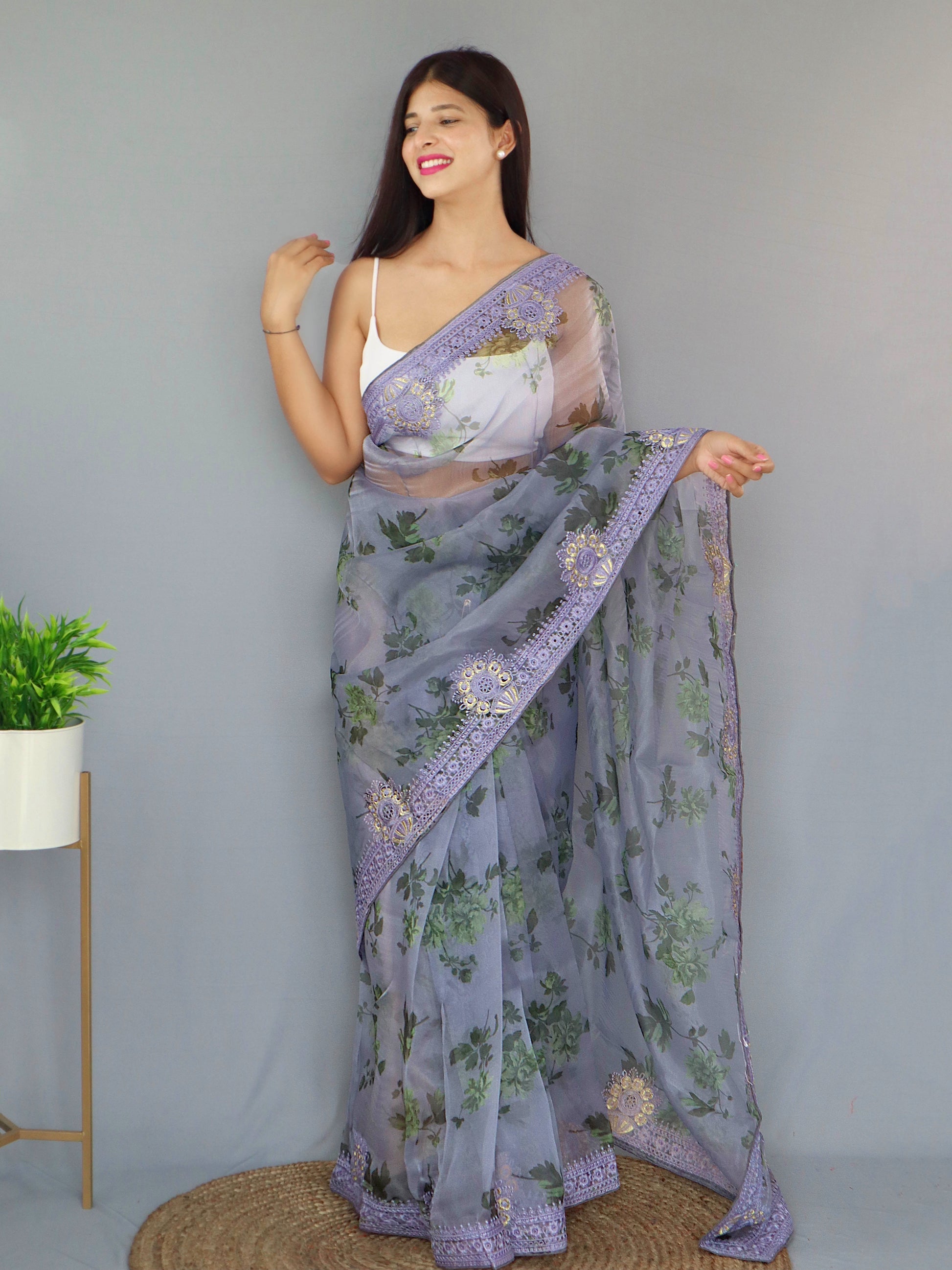 Buy MySilkLove Blueish Grey Organza Digital Floral Printed Saree Online