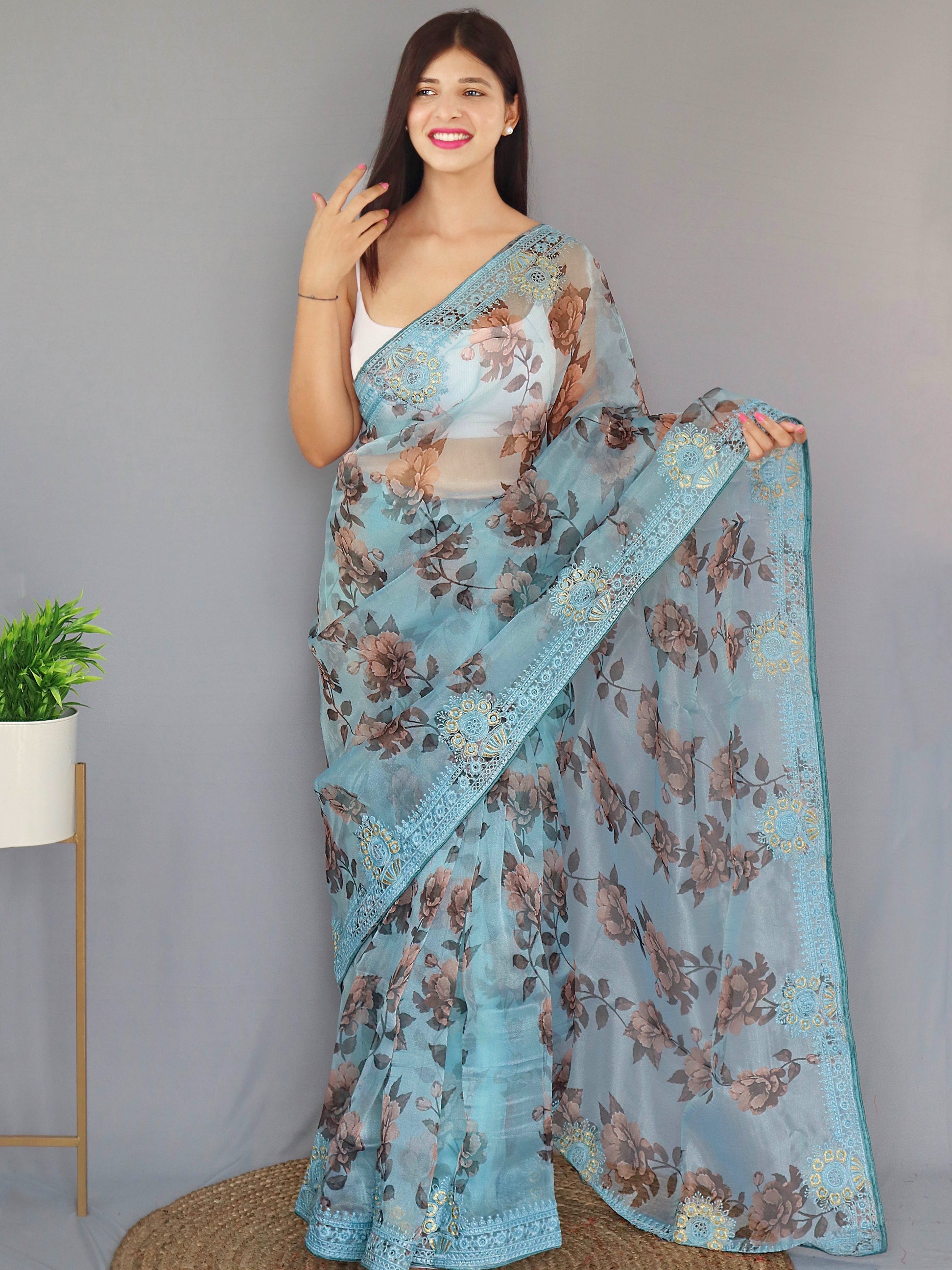 Buy MySilkLove Glacier Blue Organza Digital Floral Printed Saree Online